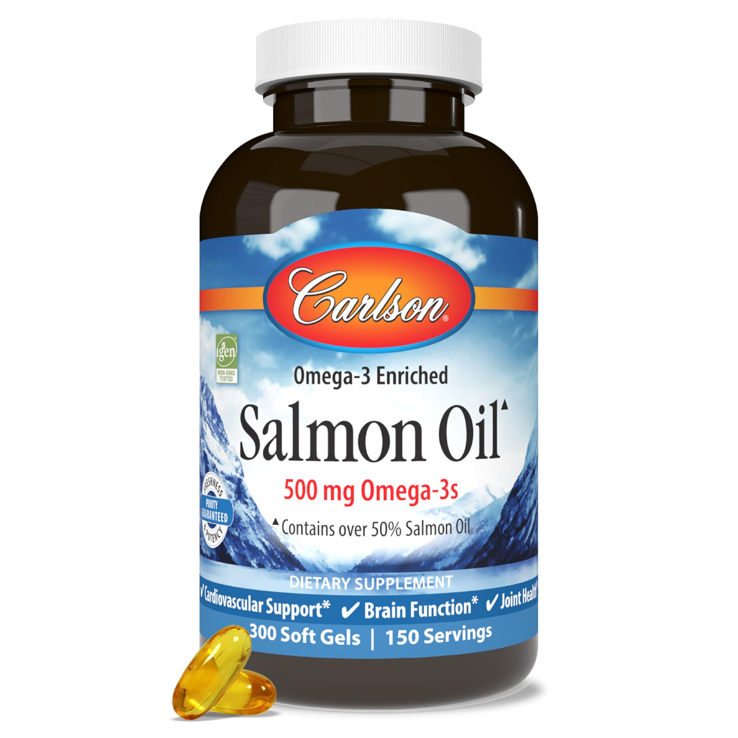 Carlson Salmon Oil, 500 mg, Omega-3s, Sustainably Sourced, 300 Softgels