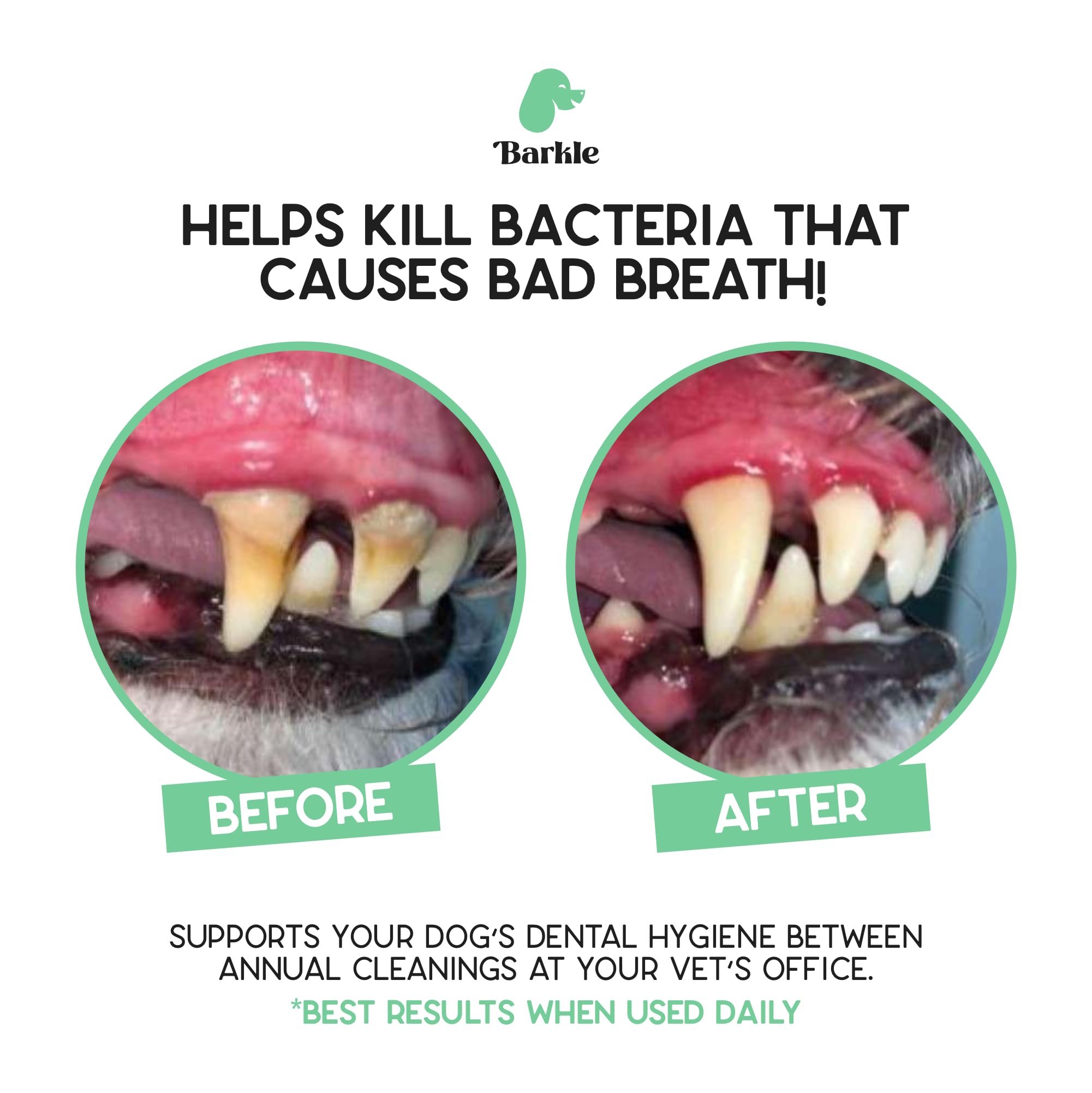Barkle Gel de limpieza de dientes de perro, el mejor kit de cepillo de dientes para perros comprobado por veterinarios para eliminar la placa, el sarro y la placa