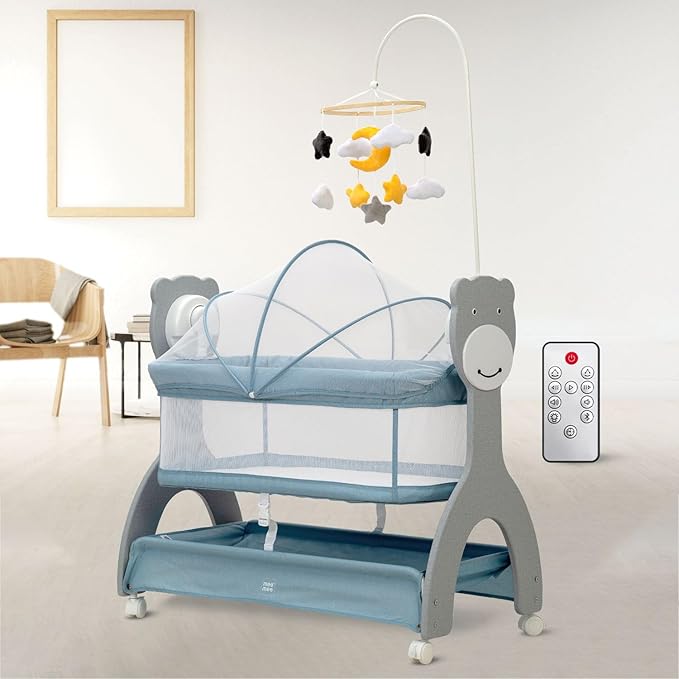Mee Mee Sweet Love Automatic Electric Cradle/Bassinet for Baby | Remote Controlled 3 Gear Swing | Lightweight,Soothing Music,Bluetooth & Smart Timer, Lockable Wheels & Cot Mobile |0-12 Months Baby