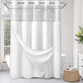 No Hook Shower Curtain and Liner Set,White Hotel Waffle Shower Curtain for Bathroom 75" L x 72" W EVA Clear Sheer Window