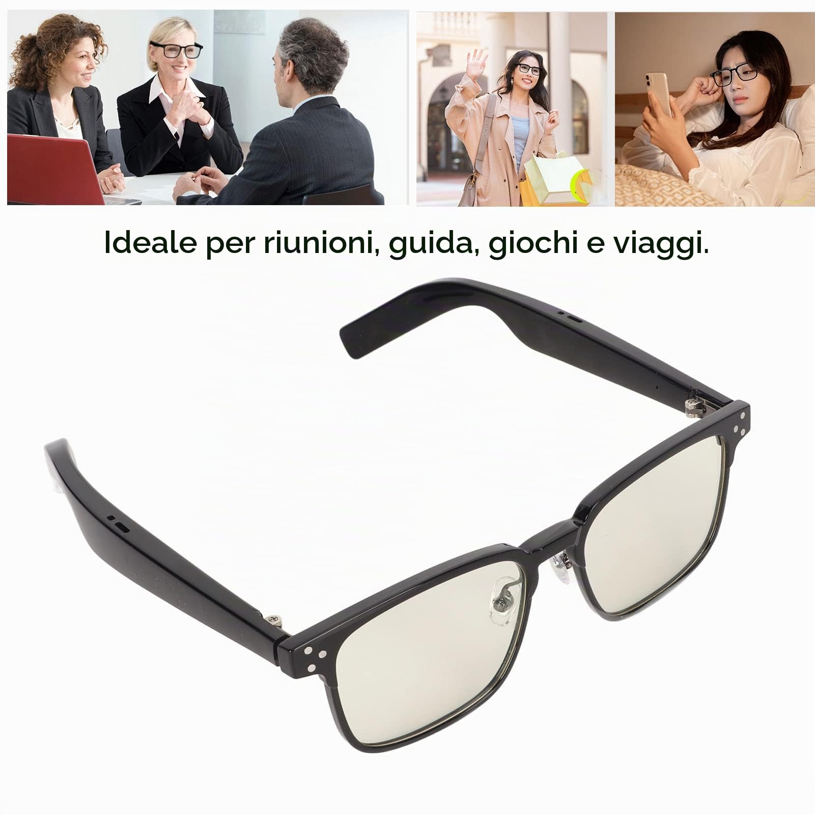 Smart Audio Glasses, Bluetooth 5.3 Open Ear Music Glasses con Doppi Altoparlanti Integrati, Blocco della Luce Blu, Impermeabili IPX4, Occhiali Intelligenti Professionali per Uomo