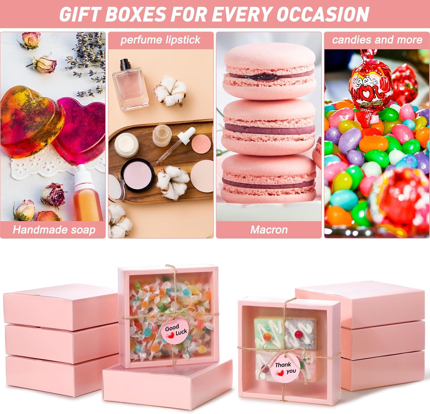 Roowest 50 Sets Kraft Homemade Gift Box Bundle with Blank Tags and Jute String (101 Items) for Jewelry Candy Wrapping Party Favor(6.5 x 6.5 x 2 Inch,Pink)