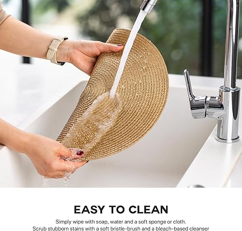 Miniatura 3 de Juego de 8 manteles individuales redondos tejidos de plástico, lavables y lavables para mesa de comedor, resistentes al calor, antideslizantes,