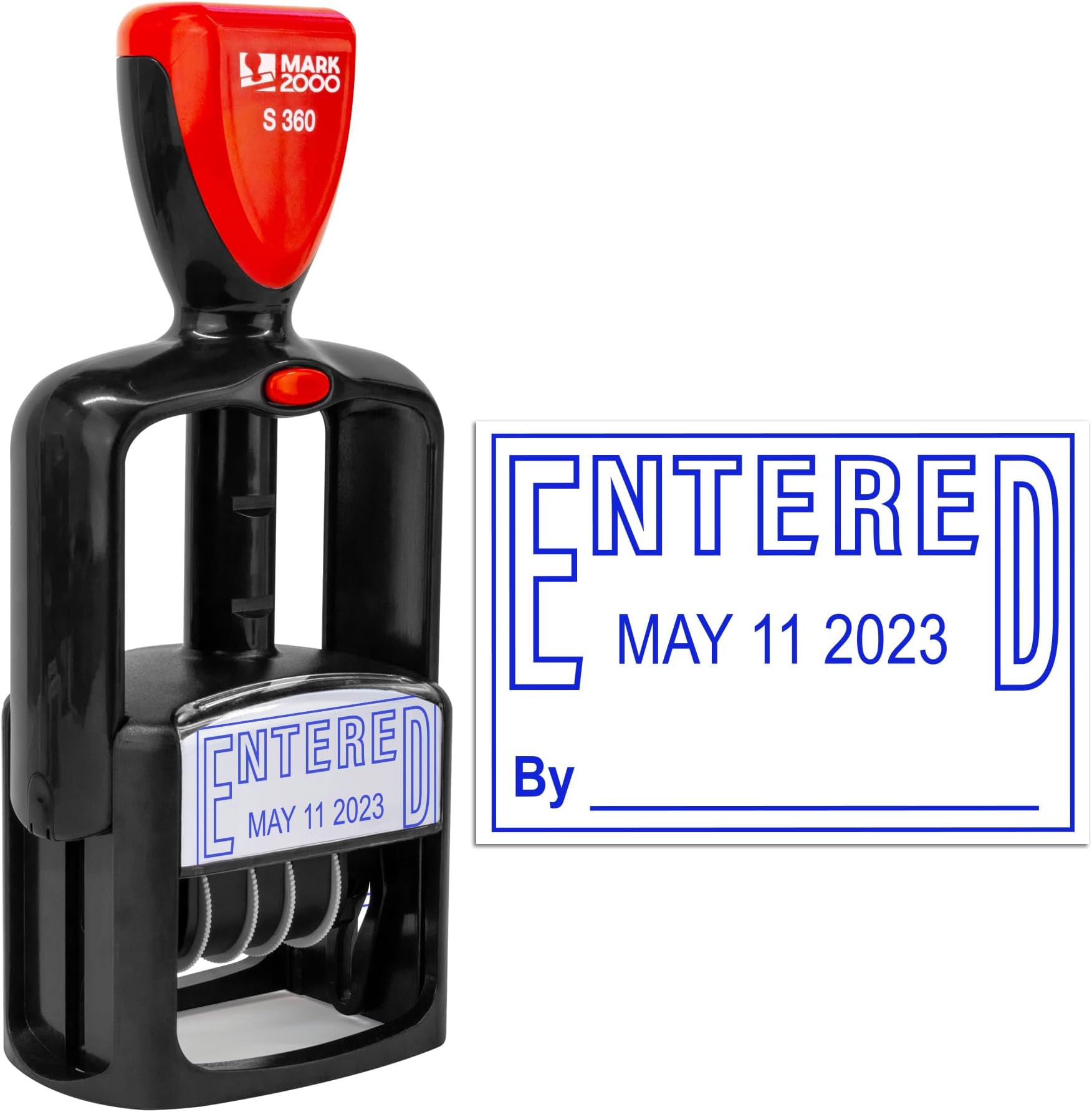 Mark 2000 Self-Inking Rubber Date Office Stamp with Entered Phrase - Blue Ink - 12-Year Band