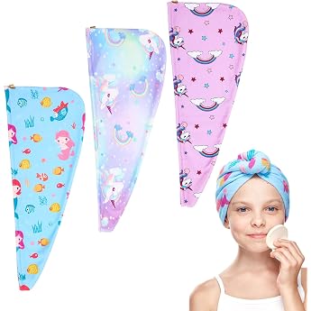 3 Pieces Children's Hair Turban Microfibre Towel with Button