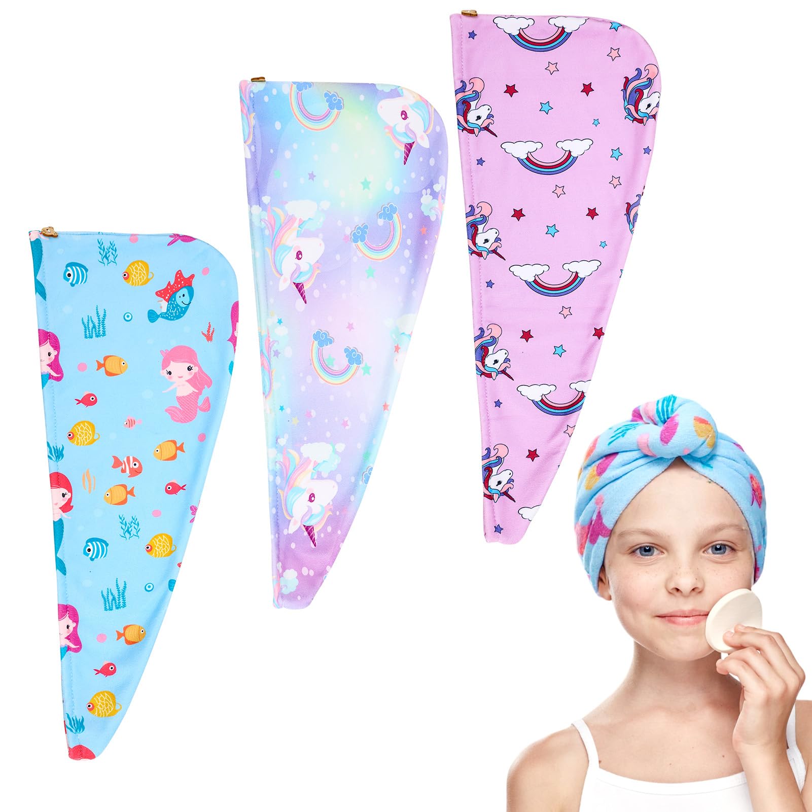 saerryor 3 Pack Kids Hair Wrap Towel, Microfibre Hair Towels, Hairtowel Turban, Unicorn Mermaid Rainbow Horse Microfibre Hairtowels Rapid Drying Hair Dryer CapTurban for Girls Women