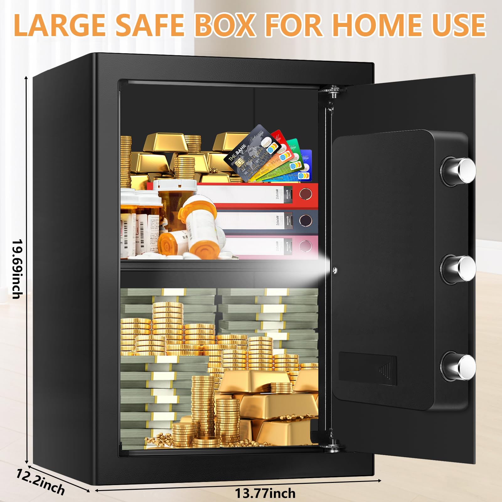 Cajas fuertes grandes de 3.3 pies cúbicos para uso doméstico, a prueba de fuego y agua, caja fuerte digital con llave y combinación, cajas fuertes para el hogar a prueba de agua e ignífugo para armas