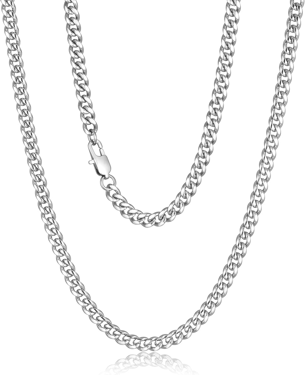 Chain for Men Stainless Steel Cuban Link Chain Necklace Silver Toned Mens Necklaces 18, 20, 22, 24, 26 Inch
