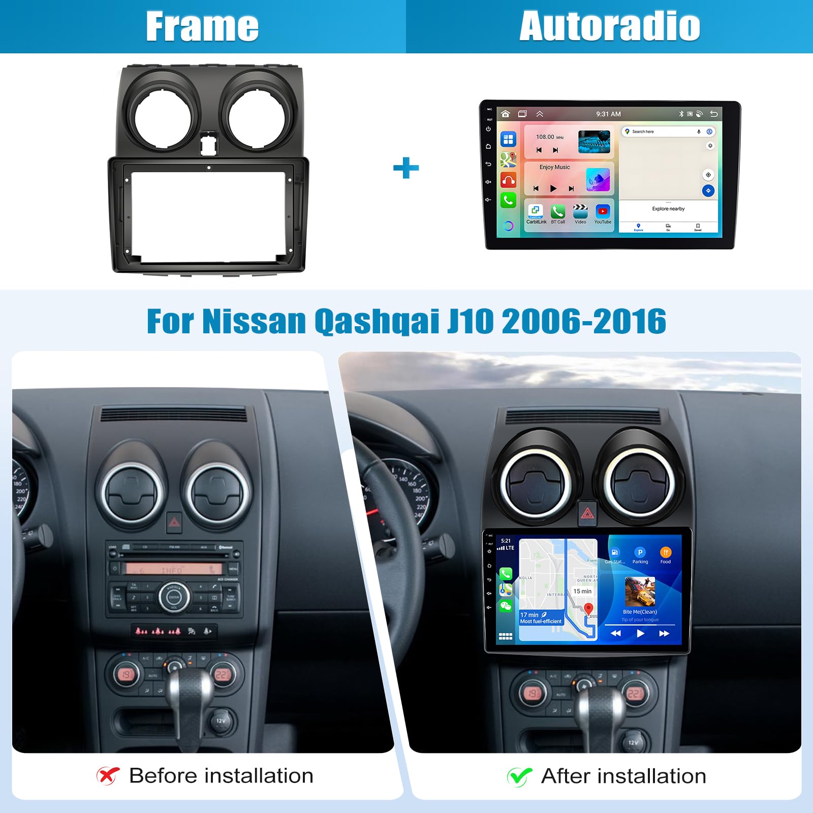 CAMECHO 4+64G Android 15 Autoradio 9 Pulgadas para Nissan Qashqai 2006-2016 con GPS WiFi, Inalámbrico Carplay Bluetoot Navi Radio HD Pantalla con Android Auto FM RDS EQ Espejo Enlace + Cámara Trasera