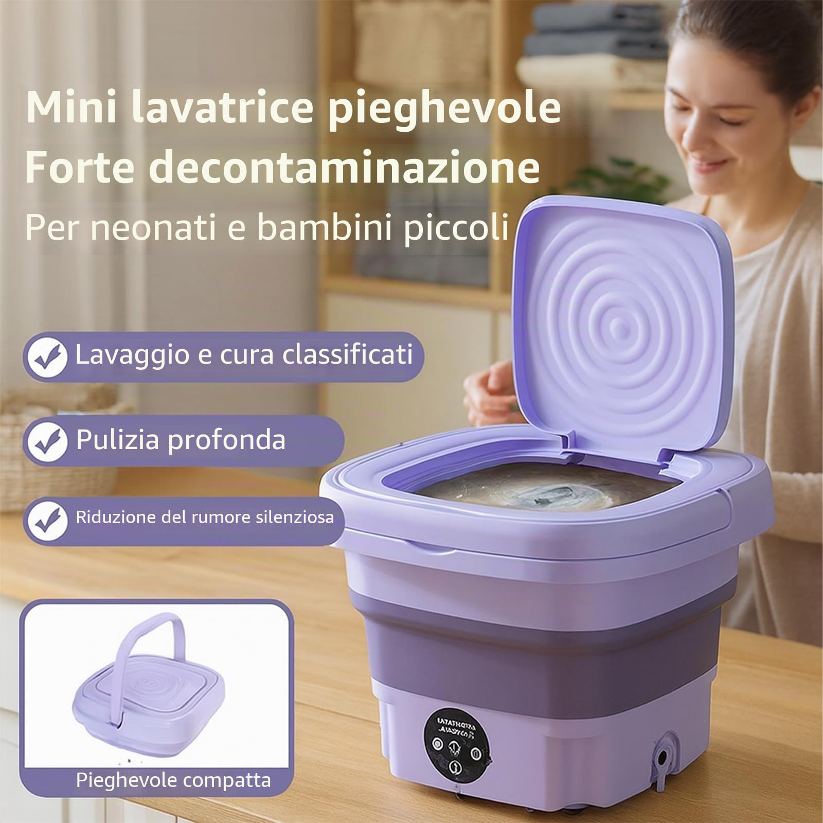 Mini Lavatrice Portatile 8L Pieghevole Motore Silenzioso Lavaggio Veloce per Vestiti Neonati, Biancheria Intima e Delicati, Dormitorio da Viaggio
