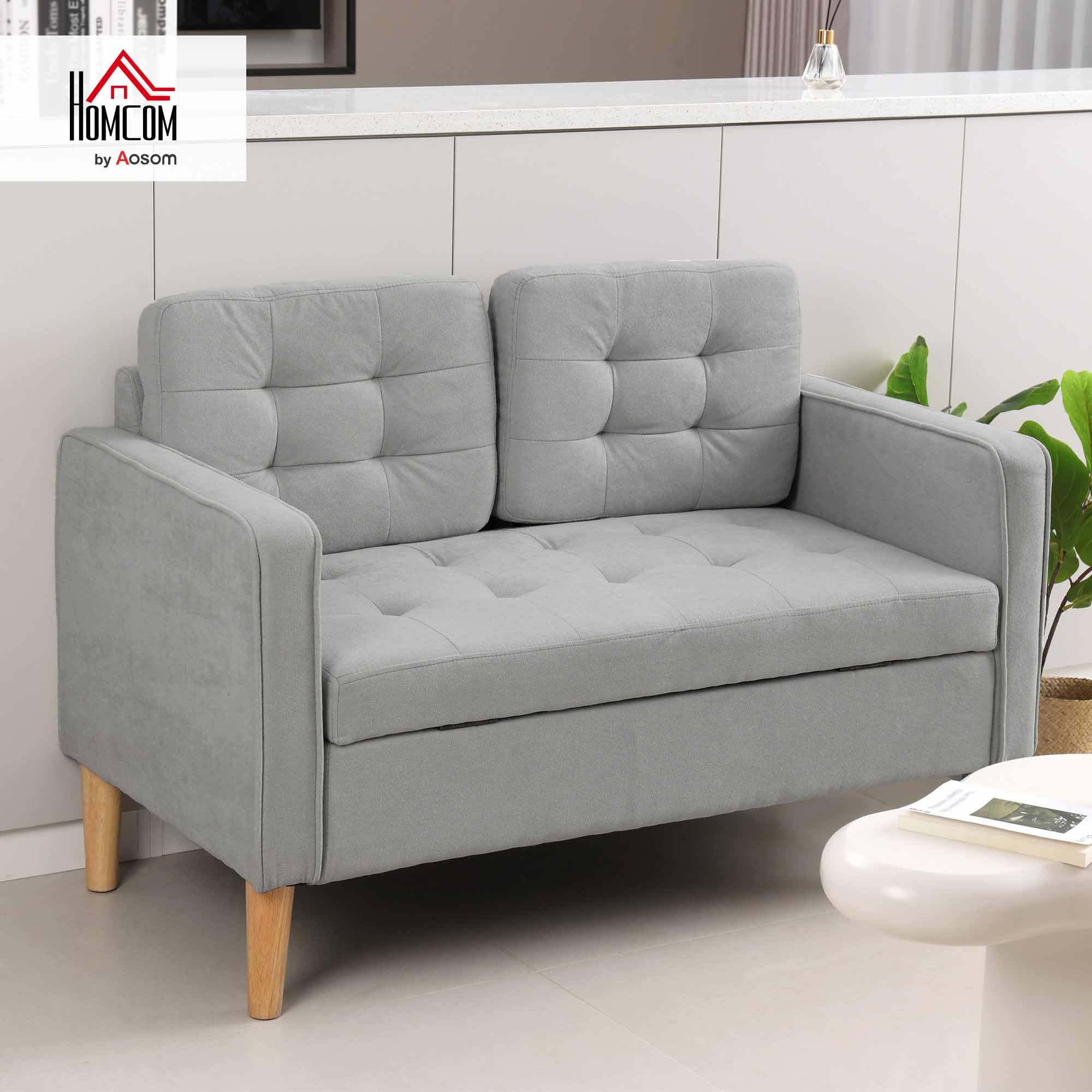 HOMCOM Sofá de 2 Plazas con Espacio de Almacenamiento, Sofá Moderno de Terciopelo con Patas de Madera, Respaldo Capitoné, para Salón, Dormitorio, Oficina, 117x62x78 cm, Gris Claro