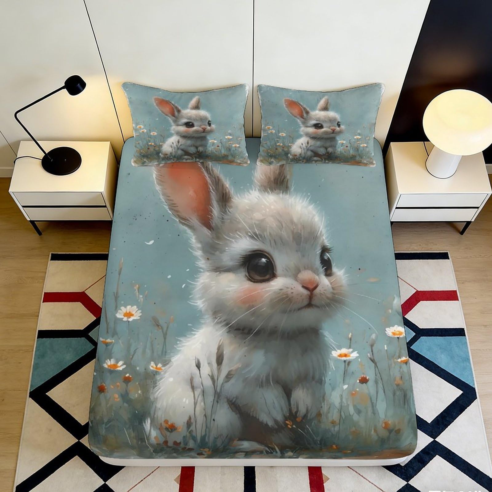 Jqzkxnhpbr Style-5 3D Printed Cute Bunny Fitted Sheet Microfiber Soft Non-Slip Floral Bed Cover For Bedroom Guest Room Dorm Decor 90X200x25cm