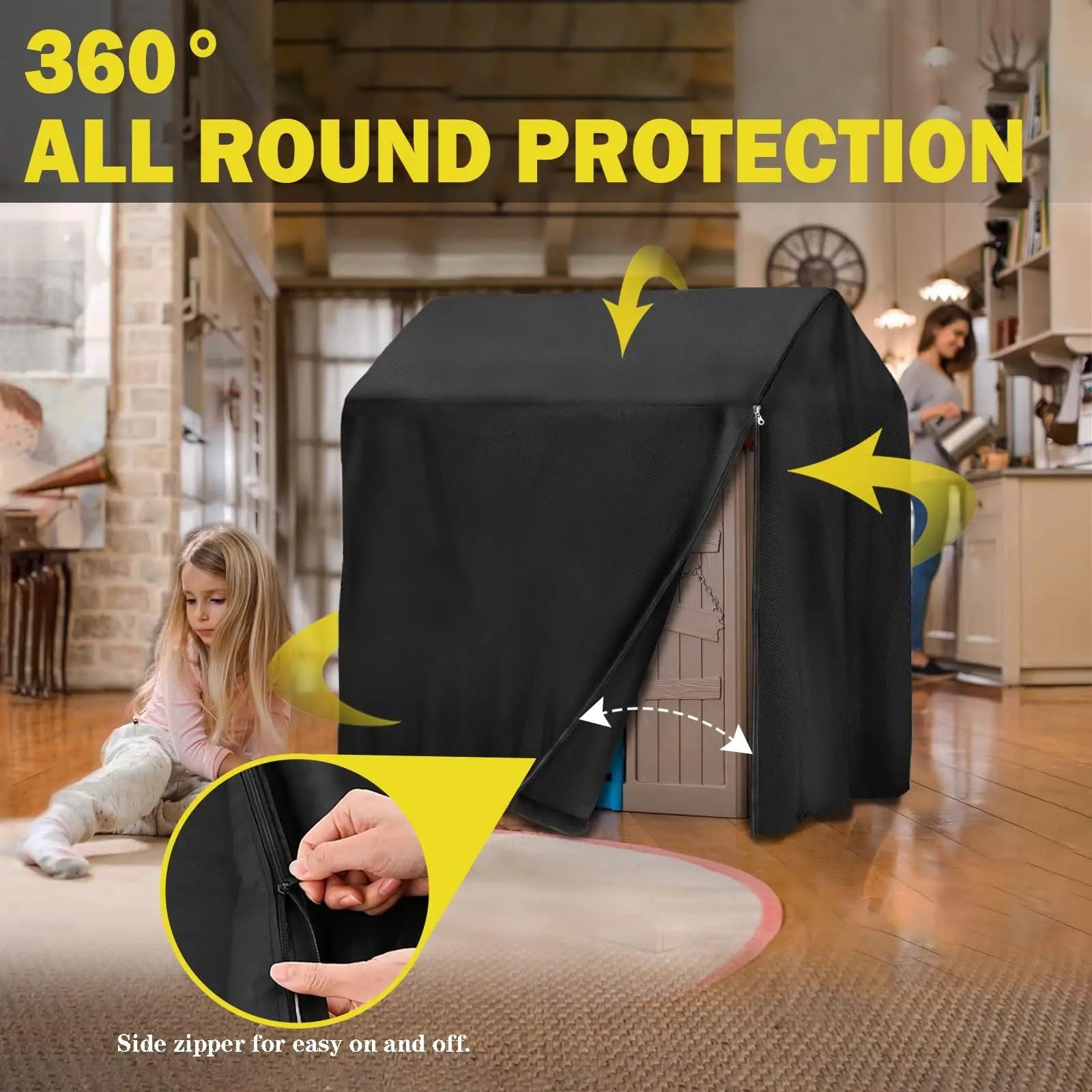 NEWFUN Fundas para Casa de Madera Para Niños, Fundas para Casitas Infantiles, Tejido Oxford 420D, Impermeable, Protección UV, Con Cordón y Cremallera (145*145*160cm, Negro)