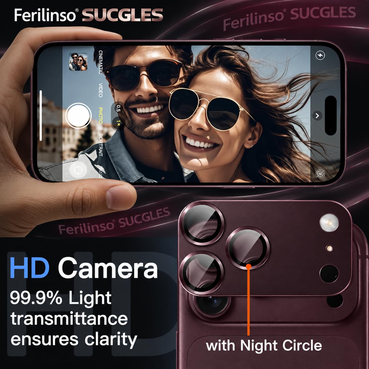 Ferilinso SUCGLES Camera Lens Protector for iPhone 18 Pro Max, 1-Pack, Dark Cherry Full Coverage 9H+ Tempered Glass, Matte Metal Plate, AR Coating, Scratch Resistant, Case Friendly — Amazon image 6