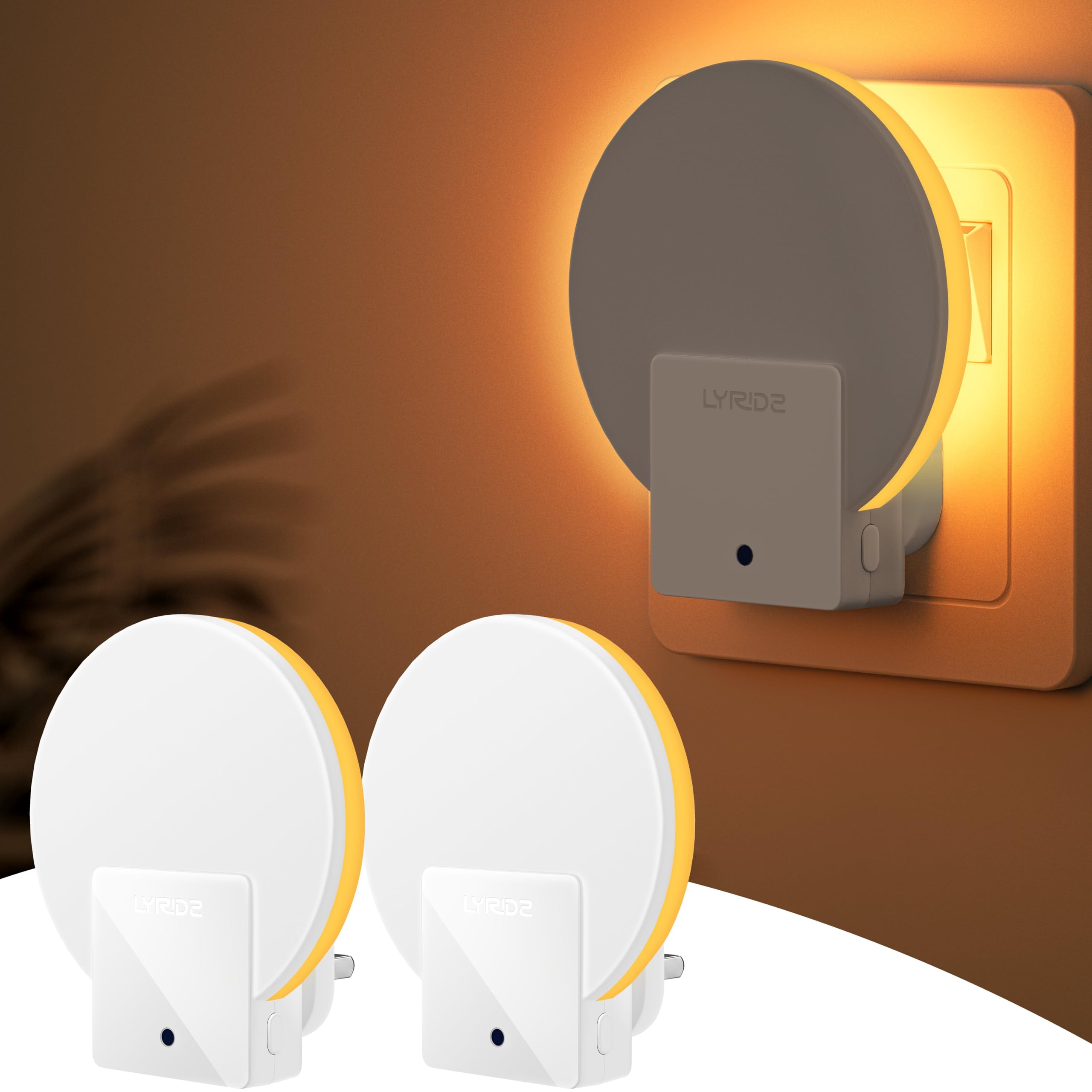 Lyridz Backlit Plug in Night Light, 2 Pack Led Night Light Plug in Wall with Dusk-to-Dawn Sensor, 1W Sensor Lights Amber 1800k Brightness Adjustable for Kids, Bedroom, Hallway, Stair, Kitchen