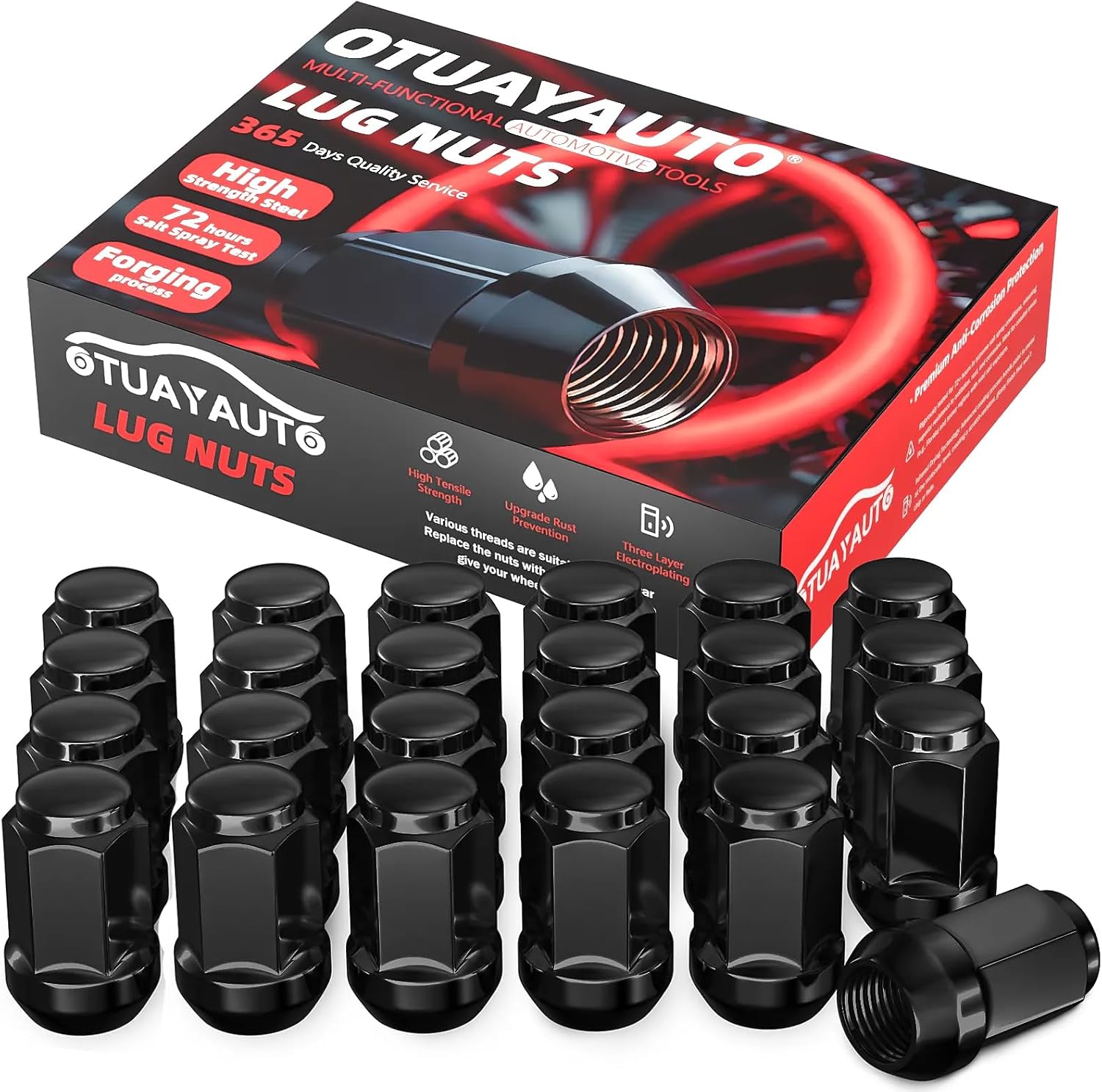 OTUAYAUTO M12x1.5 Lug Nuts - 24PCS Black 12mmx1.5 Closed End Bulge Acorn Lug Nut, 12x1.5 Wheel Lug Nuts, Cone Seat, 19mm Hex, Replacement for Chevy Ford Toyota Aftermarket Wheels