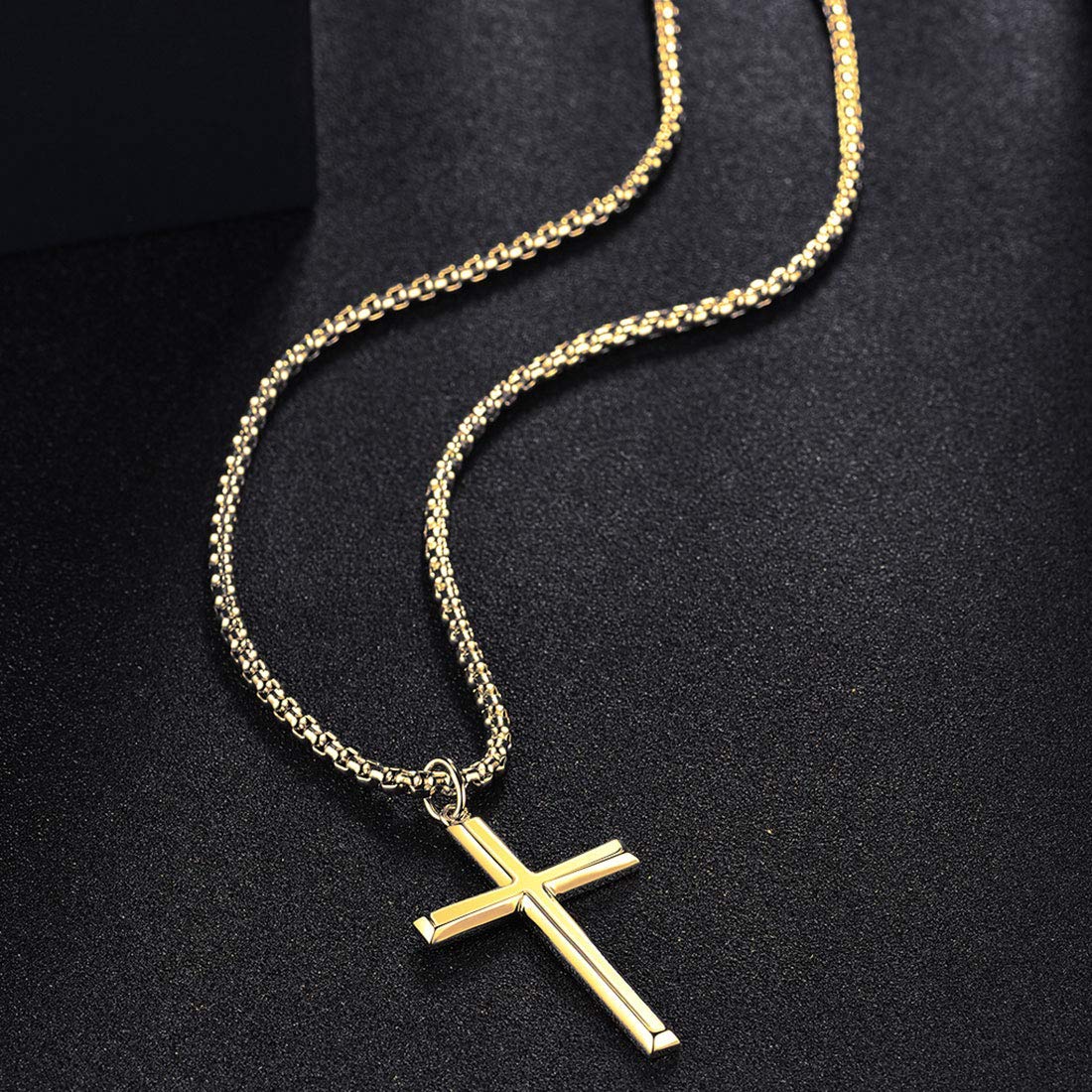 FANCIME Collar con Colgante de Cruz para Hombre Niños de Plata de Ley 925 Chapada Oro Amarillo con Cadena de Acero Inoxidable - Longitud Cadena: 56 cm