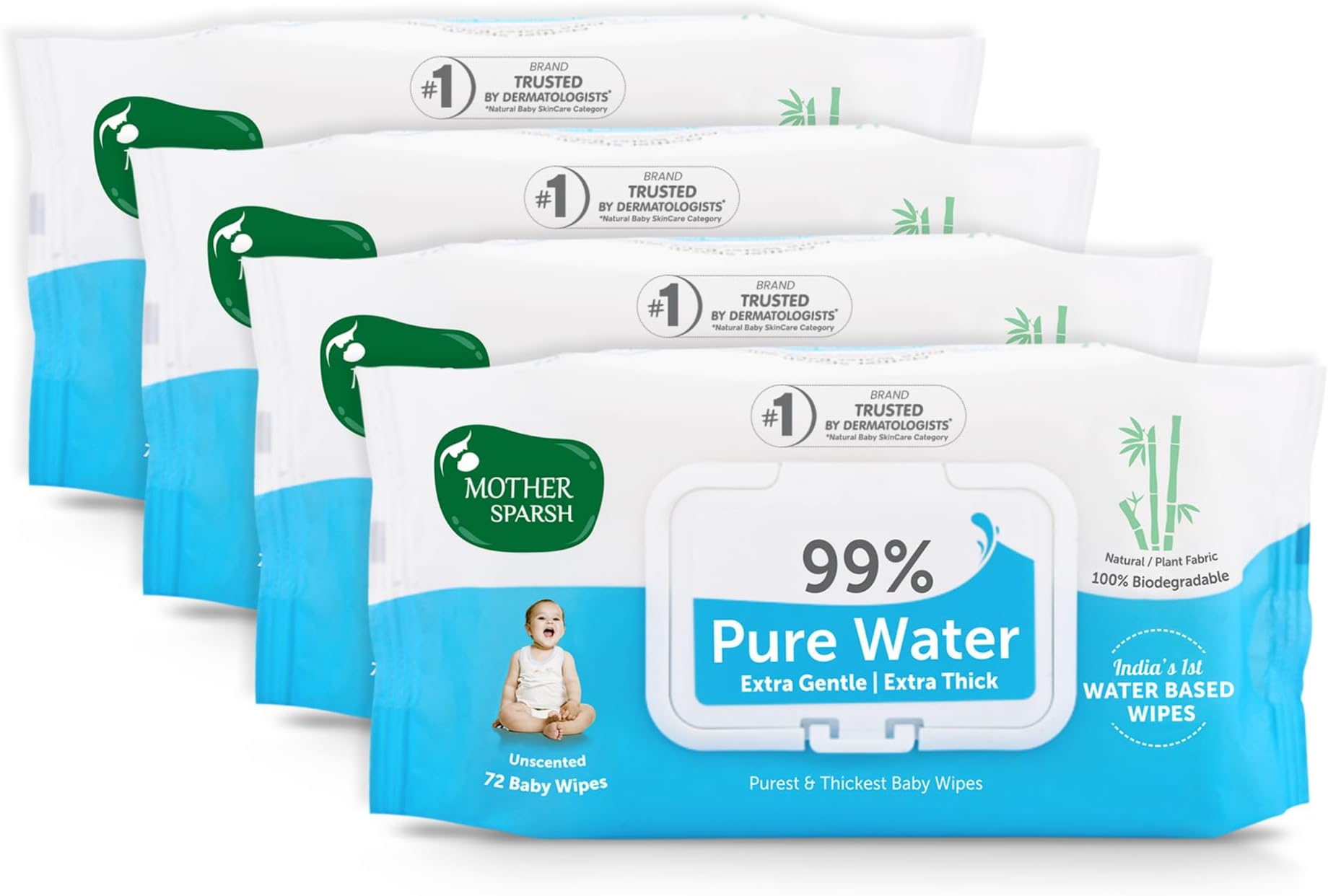 Unscented 99% Pure Water (Unscented) Baby Wipes, 72 Baby Wipes, Blue (Pack of 4)