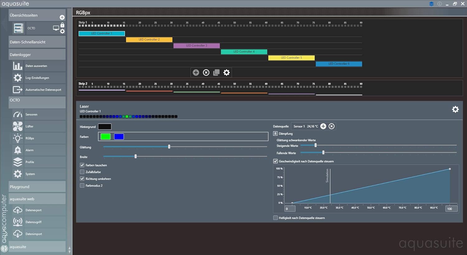 Screenshot of Aquasuite software showing RGBpx lighting control interface