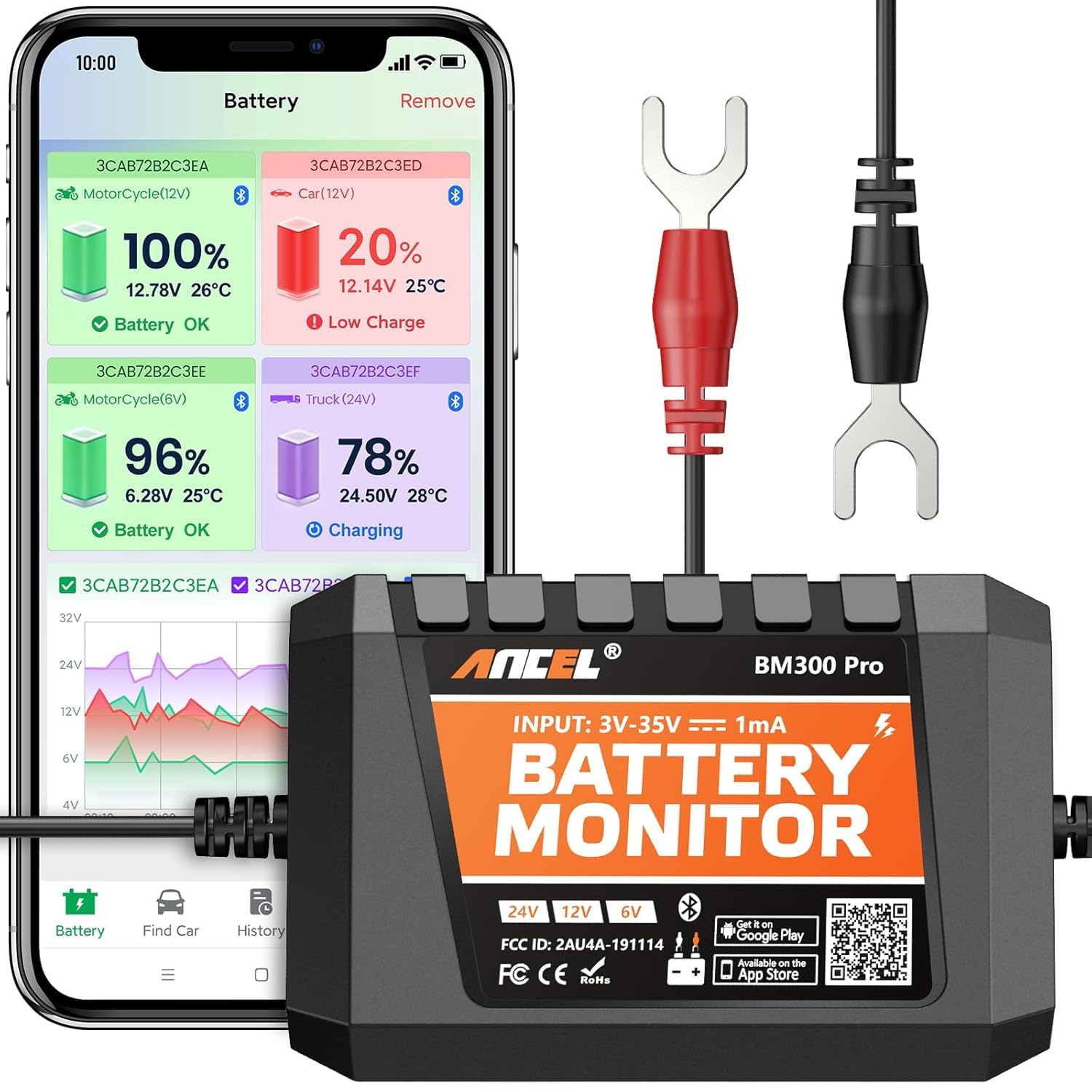 (BM200 actualizado) ANCEL BM300PRO Monitor de Batería de Coche 6V 12V 24V, Bluetooth 5.3 Probador de Baterias con Carga, Prueba de Sistema de Arranque y Alarma, IP67 Impermeable para Camión Moto Barco