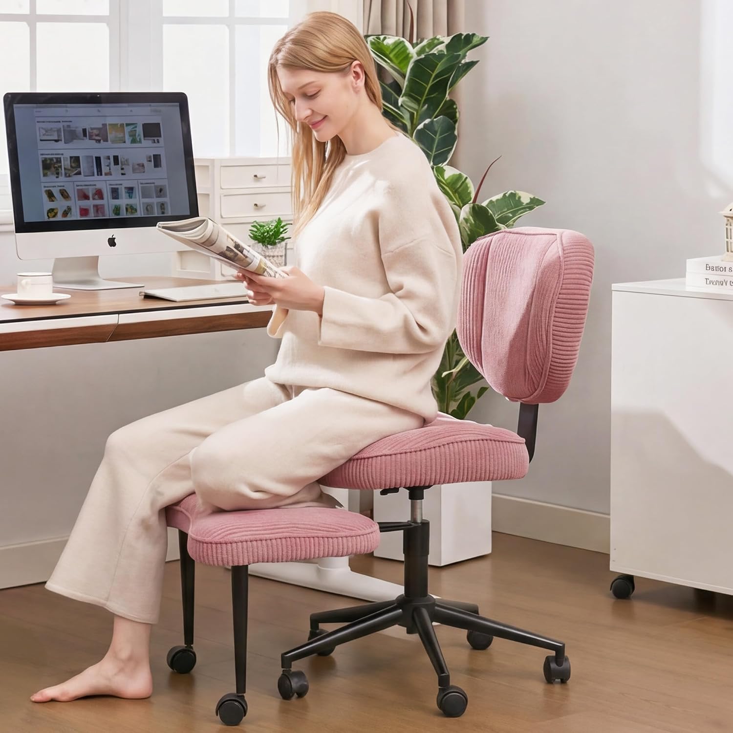 Criss Cross Office Chair with Wheels, Adjustable-Height Backrest & Swivel Footrest, Ergonomic Cross Legged Office Chair with Leg Rest for Kneeling Meditation Yoga ADHD (Black Leather)