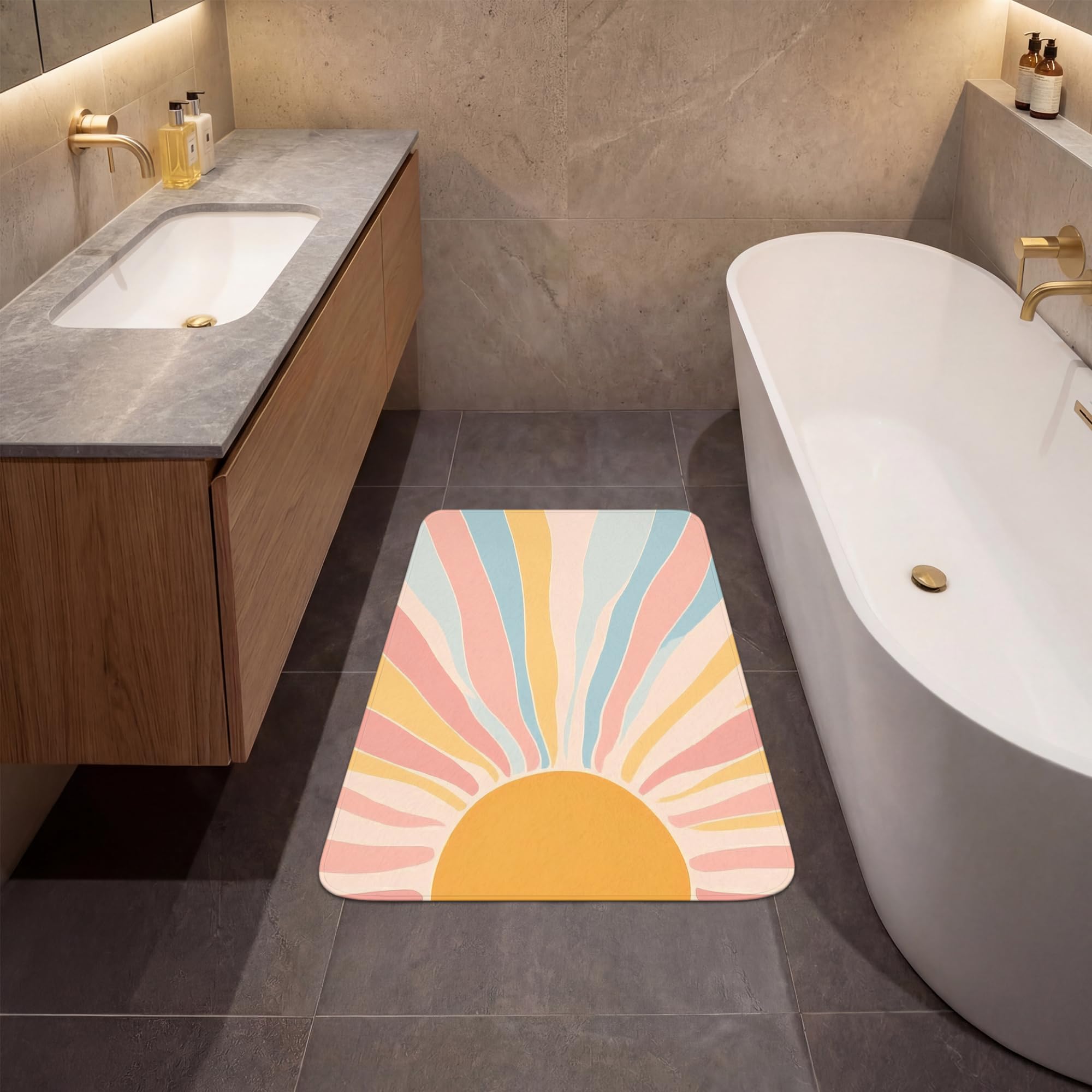 Duschvorleger Badezimmer Deko Badematte rutschfest Bathroom | 60x90 cm - Rechteckig - Vorleger Badmatten Duschteppich Weichschaummatte Illustration - Sonne - Pastellfarben