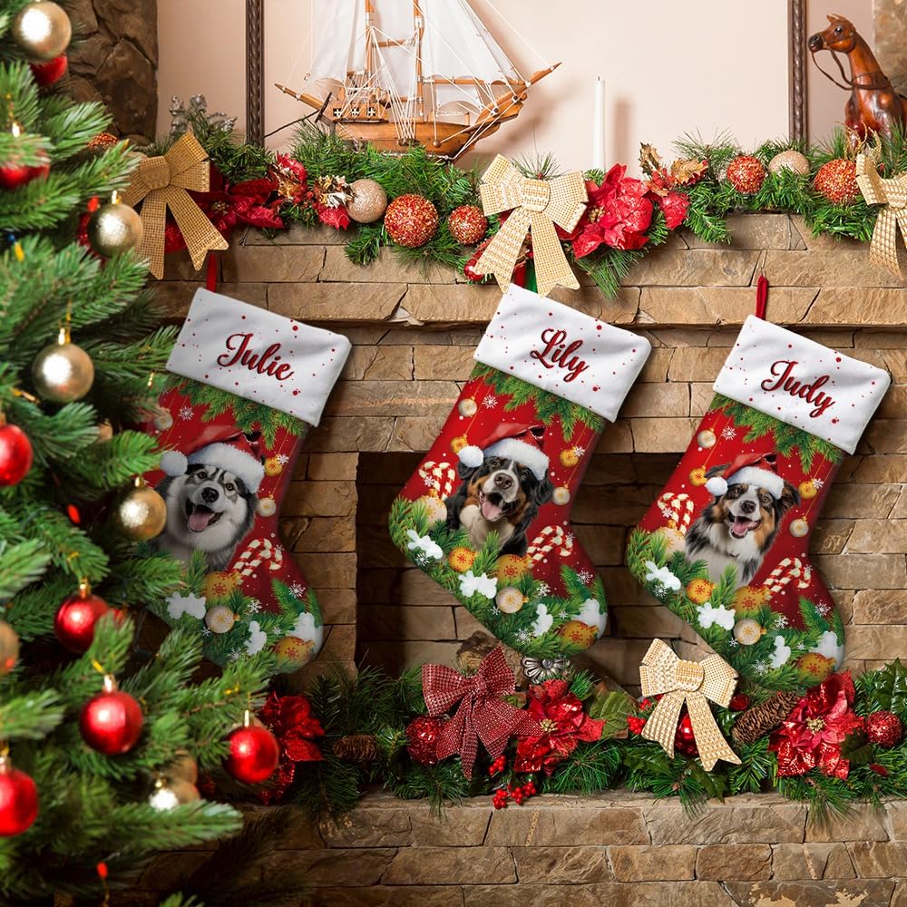 Chaussettes De Noël Personnalisables Brodées - Velours Rouge, 44 Cm De Haut, Motifs Père Noël/Bonhomme De Neige/Manchot, Lot De 2