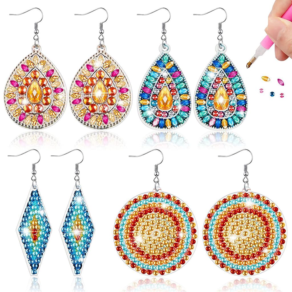 HASTHIP® 4 Pairs 5D DIY Diamond Painting Earrings Set for Women, Earrings Making Kit Diamond Art with Tools & Accessories, Handmade Sparkling Fish Hook Eardrop Party Birthday Gifts for Woman-image-32