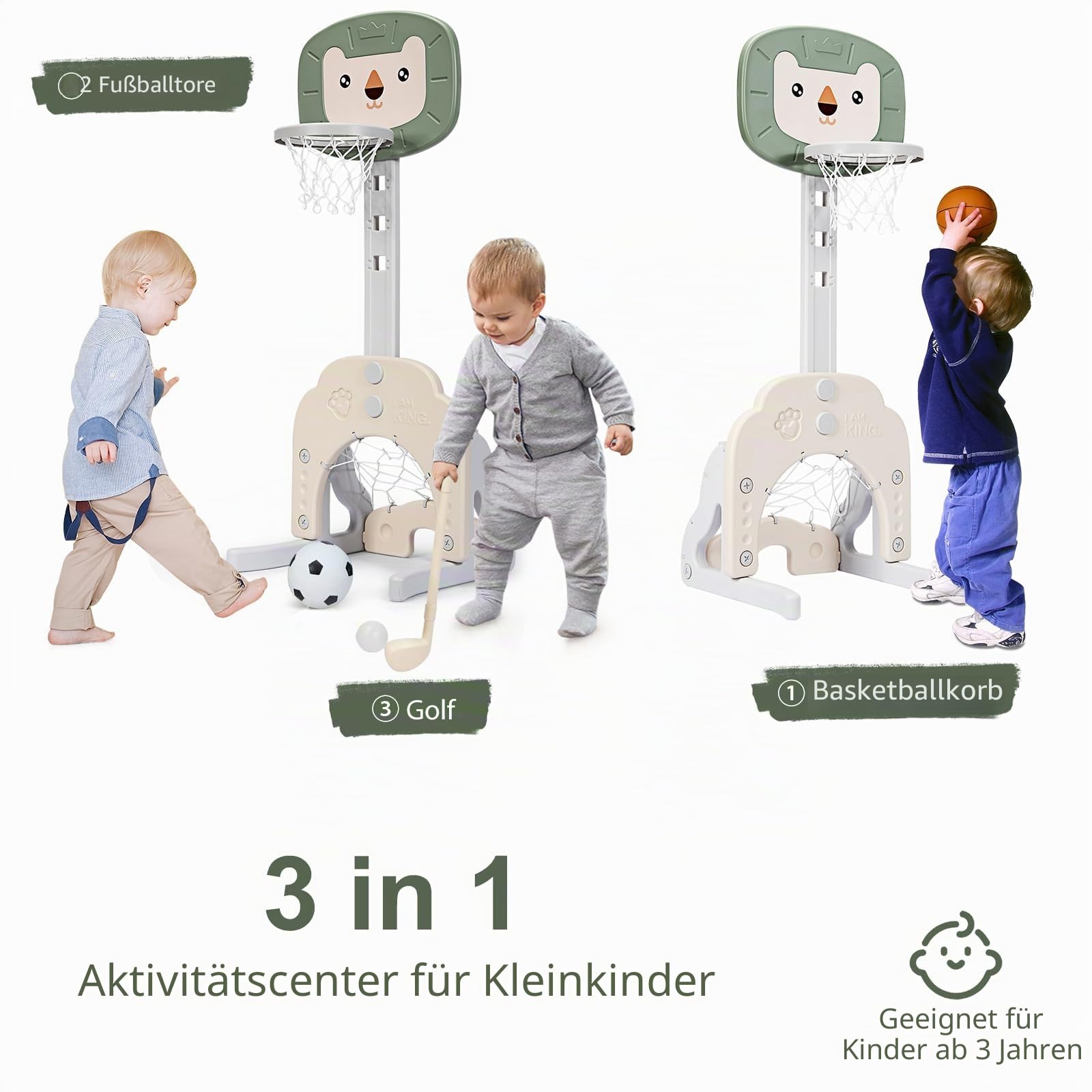 HOMASIS 3 in 1 Kinder Basketballkorb Set, multifunktionaler Basketballständer mit Fußballtor & Golf für Kleinkinder, höhenverstellbarer Basketballkorb mit Ständer inkl. Bälle & Golfschläger