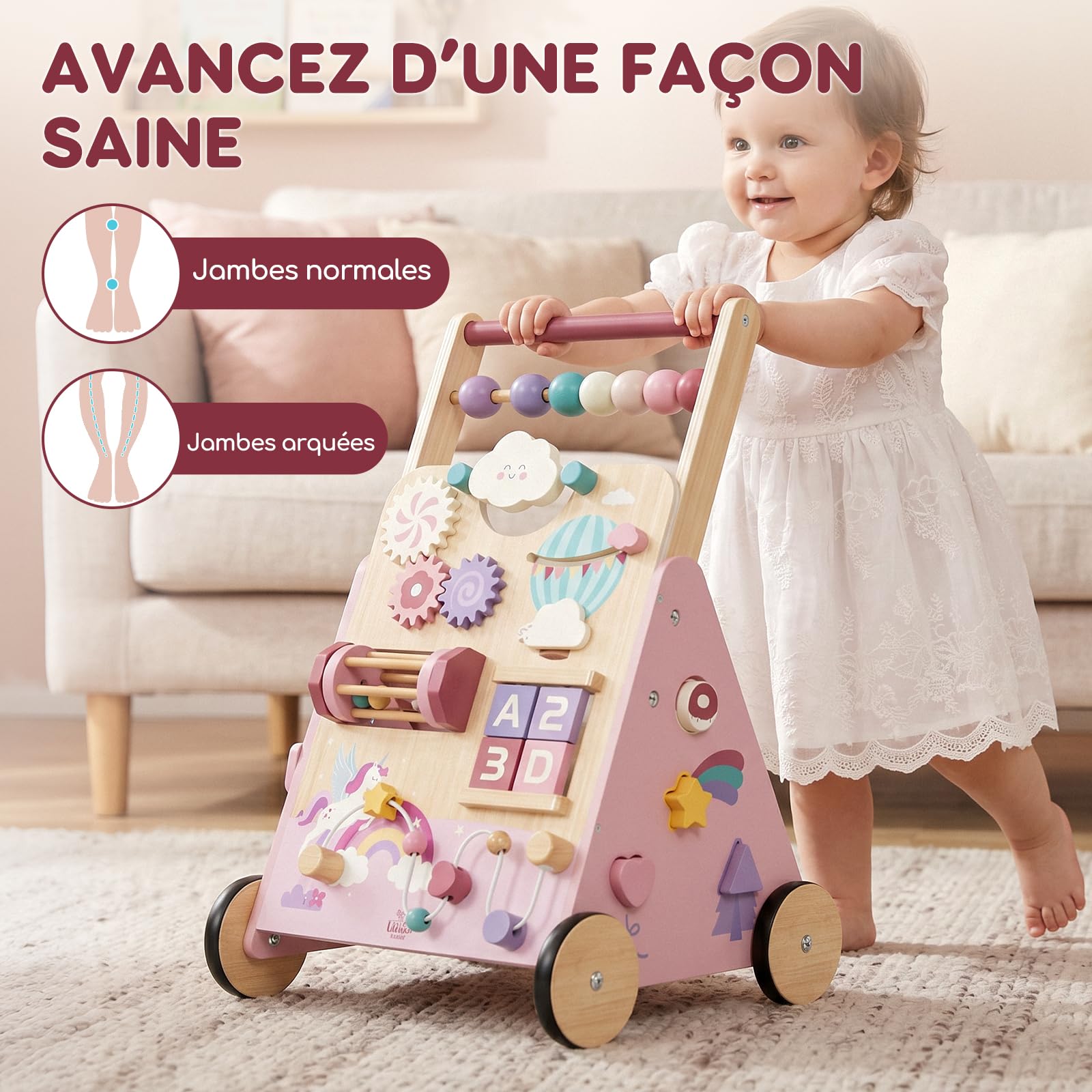 Lehoo Castle Chariot de Marche Bébé en Bois, Trotteur Bébé Fille | Baby Walker avec Frein Réglable, Licorne Rose, Centre d’Activités 10-en-1, Aide à la Marche, Cadeau pour Fille de 1 An
