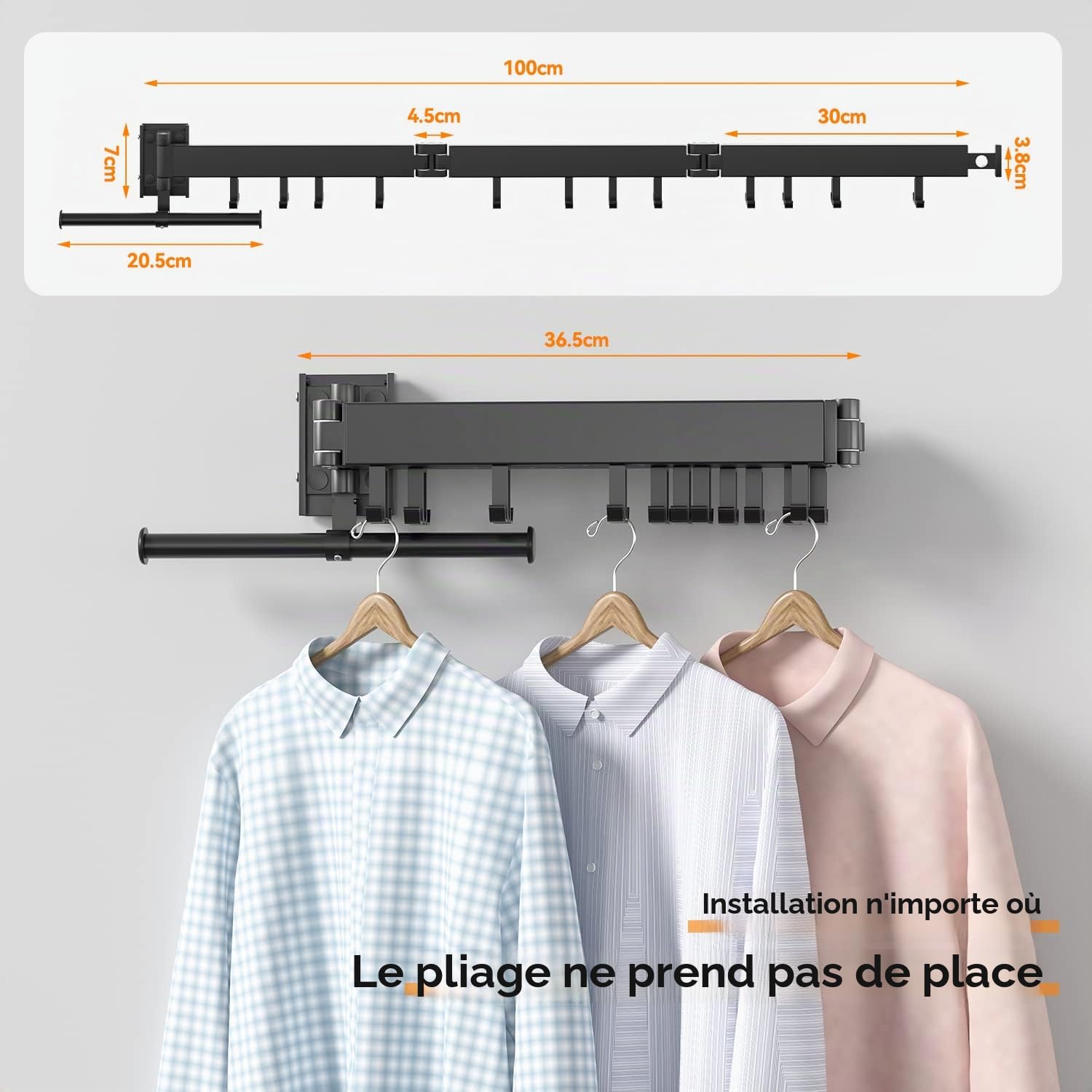 BAICIWE Étendoir à linge mural rétractable, égouttoir à linge pliable à l'intérieur, économiseur d'espace, égouttoir à vêtements pour balcon, buanderie, salle de bain, terrasse (trois plies)