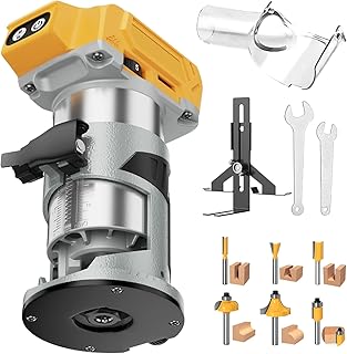 Cordless Router Tool for De-Walt 20V Battery, 800W Brushless Motor Wood Router with 5 Variable Speeds, Aluminum Base & 6 PCS 1/4"Router Bits, Palm Router for Woodworking(No Battery)