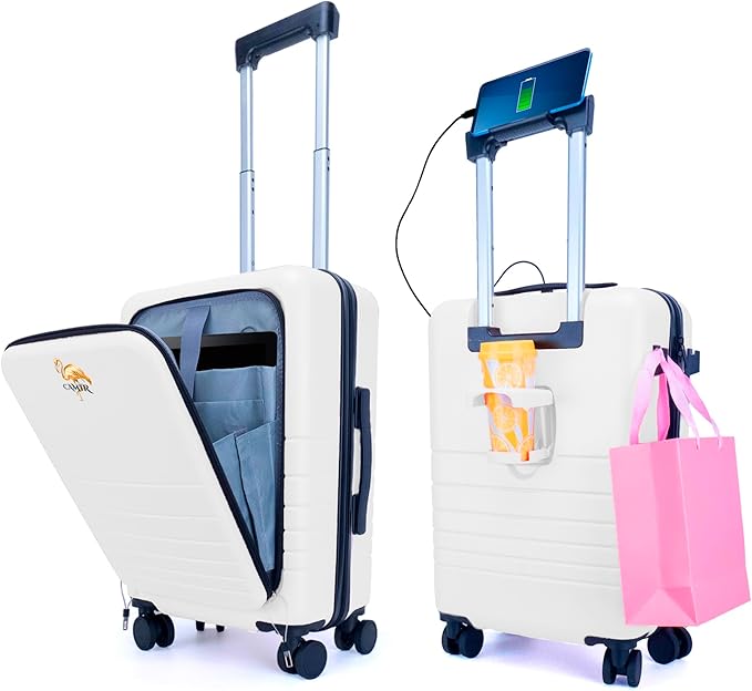M4268782 CAMIR Maleta de Viaje Cabina con USB, Maleta Inteligente Trolley con Bolsillo Frontal Portátil, Equipaje de Mano 4 Ruedas, Candado TSA, 55x35x23,5 ABS+PC Blanca