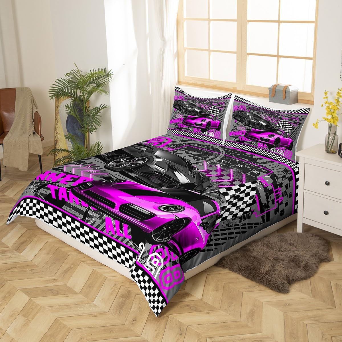Boys Sports Car Bedding Set,Purple Race Car Duvet Cover for Teens,Kids Racing Theme Comforter Cover Decorative Room,Children Extreme Sports Quilt Cover with 2 Pillowcases,Full Size(No Comforter)