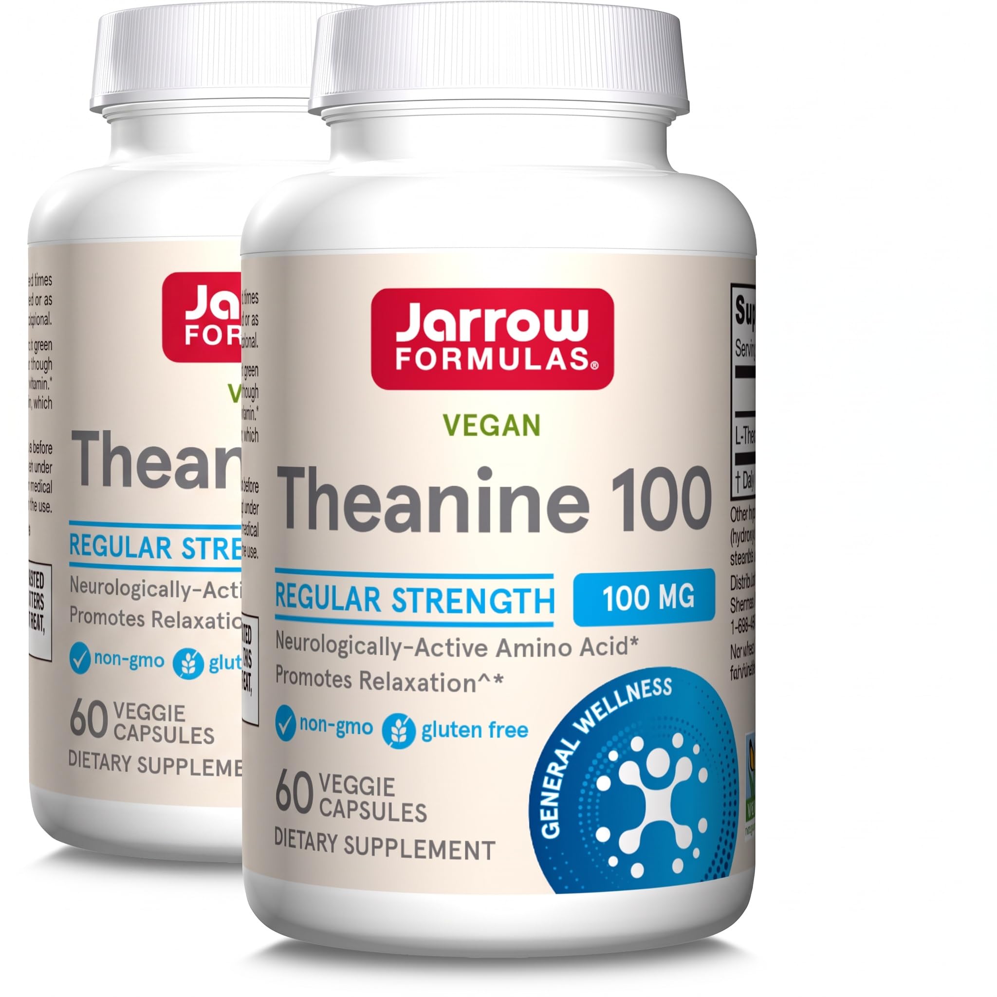 Jarrow Formulas® Regular Strength Theanine 100 mg,Dietary Supplement,60 Capsules,60 Day Supply,(Pack of 2) Unflavored 60 Count (Pack of 2)