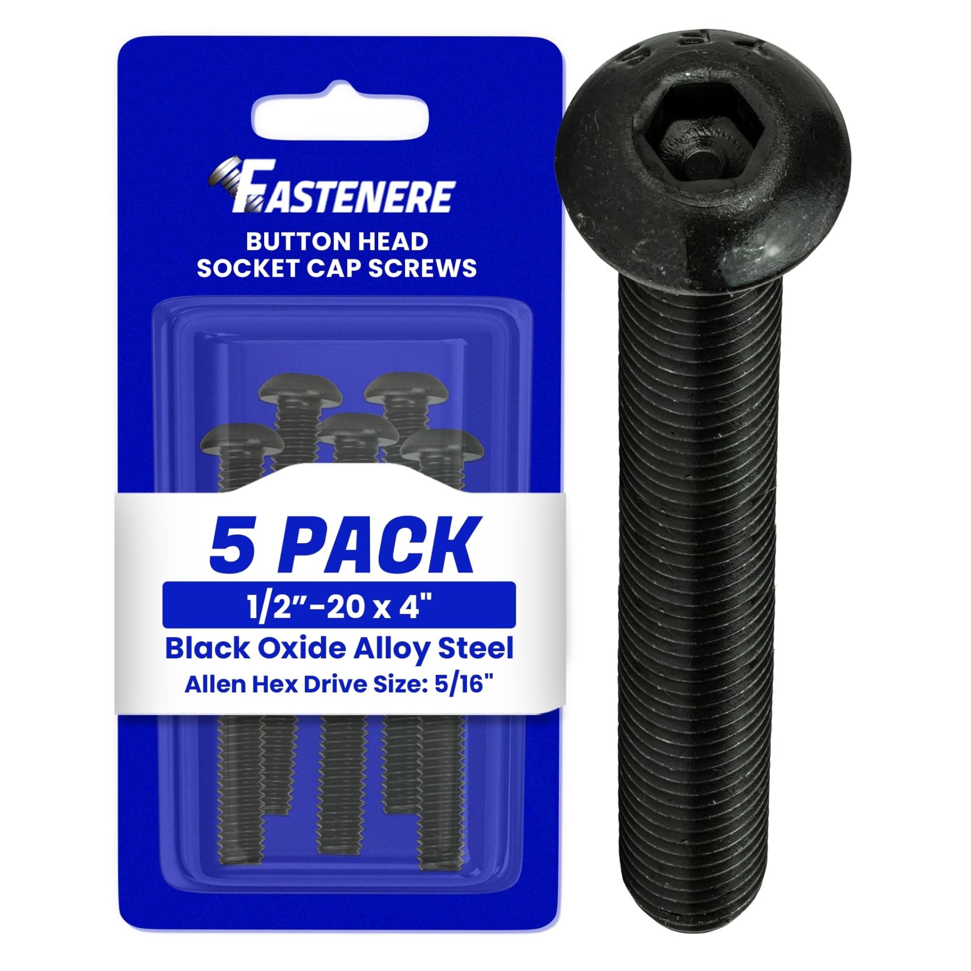 Fastenere Button Head Socket Cap Screws - 1/2-20 x 4 (5-Pcs) Alloy Steel, Fully Threaded, Fine Black Oxide Finish, Corrosion-Resistant, Machine Thread