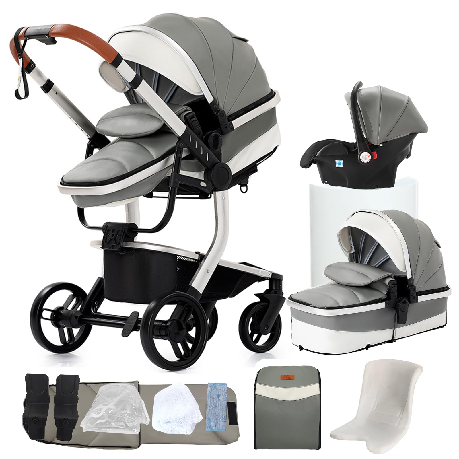 Cuero PU Carrito Bebe 3 en 1, Carrito Bebe con Diseño Portátil Plegable de Un Clic, Carro Bebe 3 Piezas con Empuje Reversible Dos Vías, Cochecito Bebe 3 Piezas con Accesorios (B518 Grey)