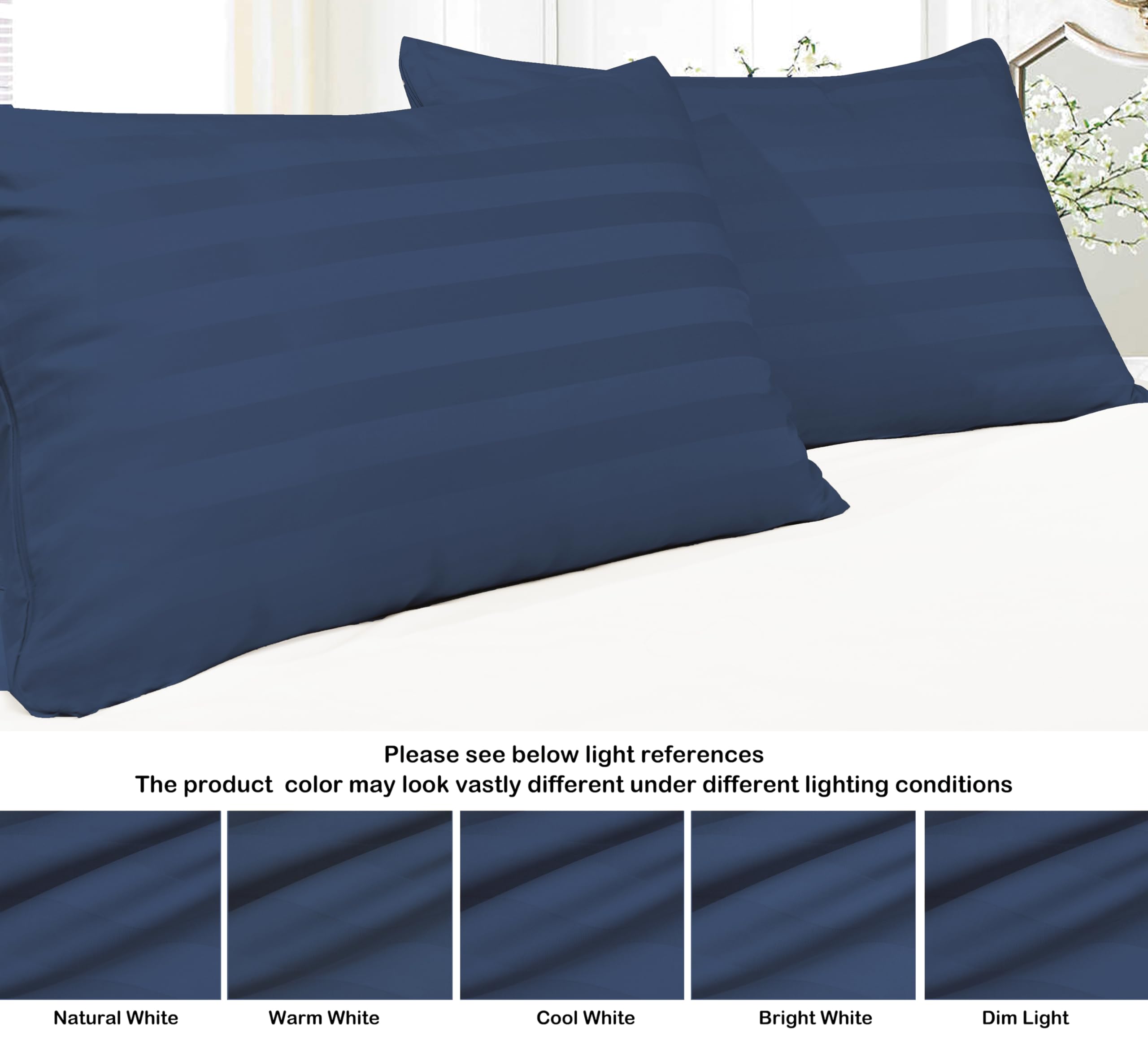 Set di 4 federe copricuscino in 100% cotone egiziano, tessuto in rasatello a 400 fili, con cerniera nascosta, traspiranti, non rumorose, facili da pulire, set da 4 pezzi (blu navy a righe)