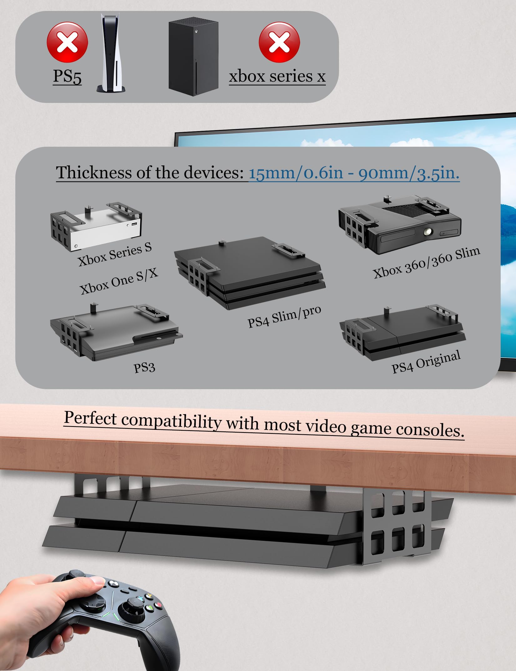Universelle Untertisch-Halterung, passend für DVD, Spielekonsole, Media-Player, Mini-PC, Dockingstation, Projektor-Deckenhalterung, passend für alle anderen Geräte mit einer Dicke von 1,5 cm