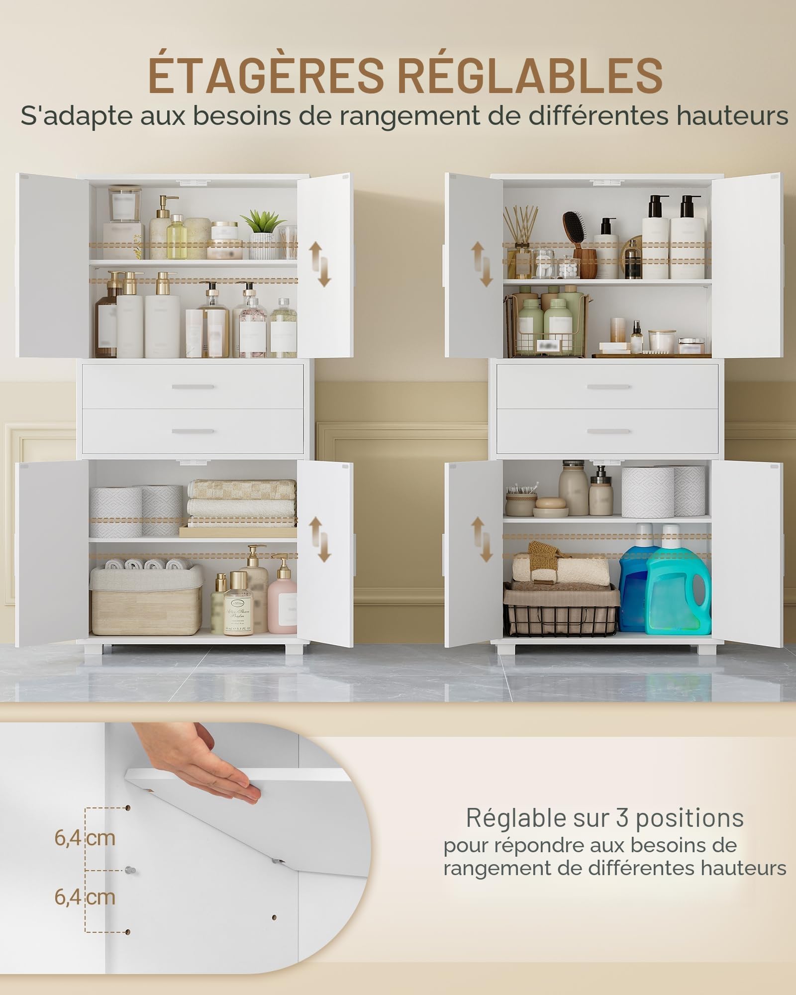 Hzuaneri Meuble Salle de Bain, Armoire sur Pied Haute avec Étagère Réglable, Meuble de Rangement avec 4 Tiroirs et 2 Portes, Commode, pour Salon, Salle de Bain, 30 x 60 x 125,5 cm Blanc SC60003X