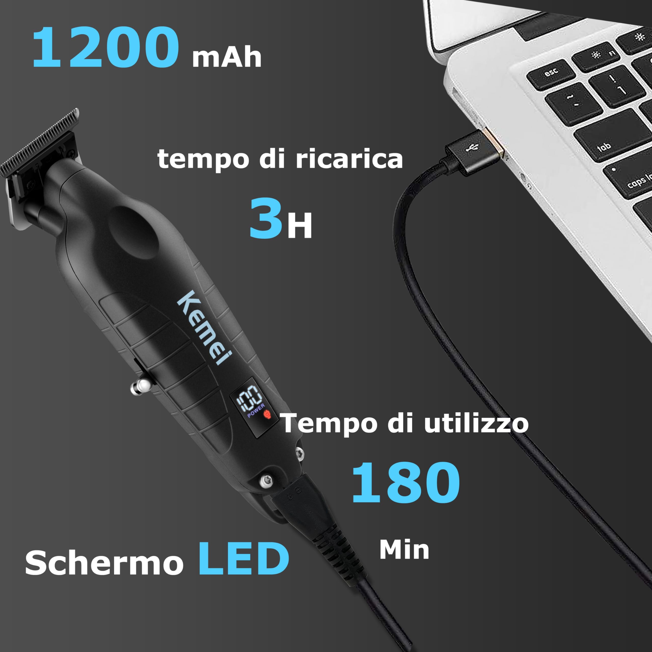 KEMEI 2293 - Tagliacapelli professionale per barbiere con lama a T, ricaricabile senza fili