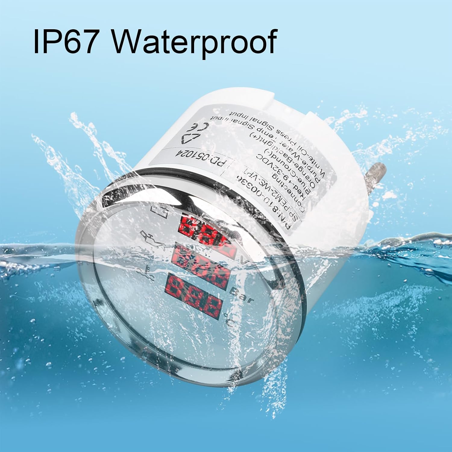 Red Backlight Digital Voltage Oil Pressure Water Temp Gauge IP67 Waterproof 9-32VDC for Boat Yacht RV Marine Truck 52mm Multifunction Meter