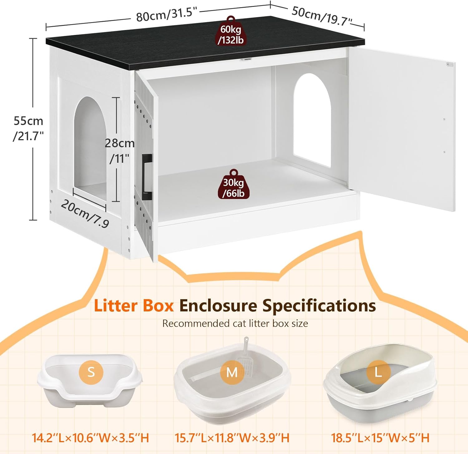 Cat Litter Box Enclosure, Hidden Litter Box Furniture with 2 Entrances, Wooden Cat Washroom, Farmhouse Indoor Cats House, End Table, 31.5" L x 19.7" W x 21.7" H, White and Black CWBB3101