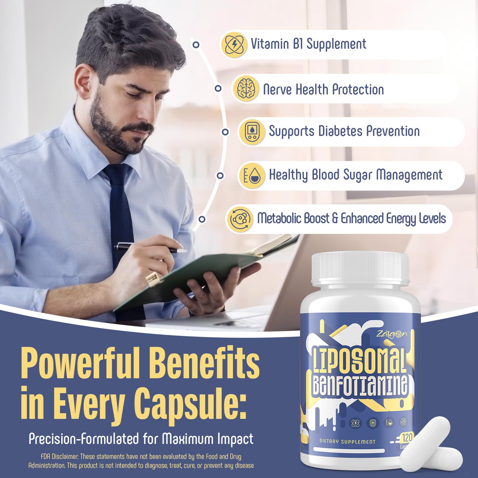 Liposomal Benfotiamine Vitamin B1 Thiamine Supplement 600mg - Glucose Metabolism & Nerve Support (120 Capsules) — Amazon image 3