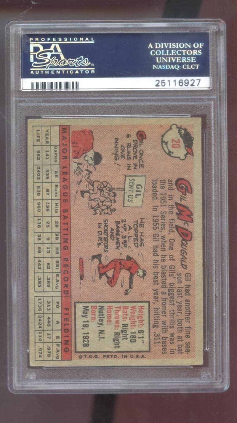 1958 Topps #20 Gil McDougald PSA 5 Graded Baseball Card MLB New York Yankees