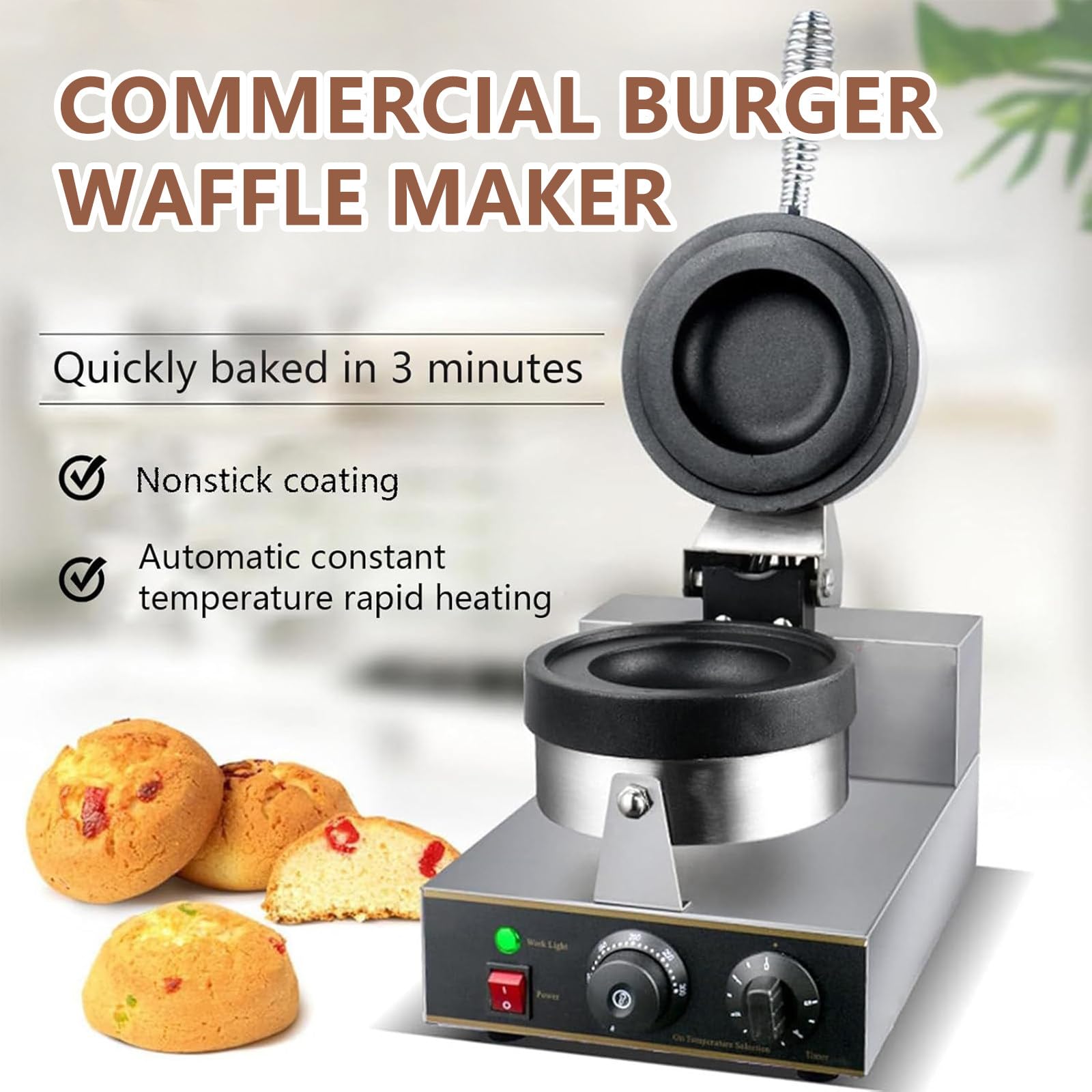 Piastra per Waffle Elettrica, Macchina per Hamburger da 1300 W, Macchina per Hamburger Antiaderente Commerciale, Temperatura Regolabile da 50 a 300 ℃ per Uso Domestico