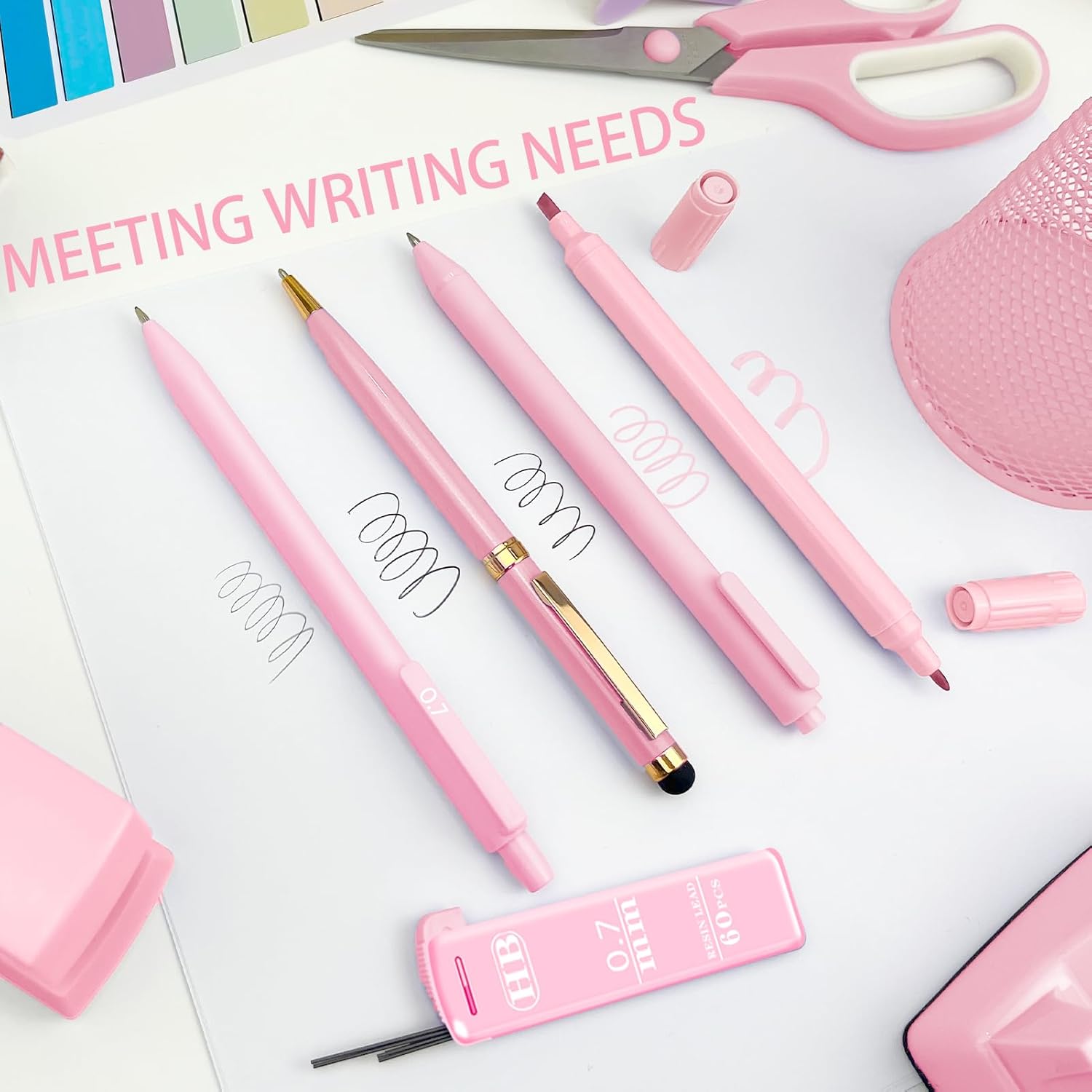JIZHIYUAN Pink Desk Accessories Set - 16 Pcs Pink Office Supplies with Stapler, Tape Dispenser, Pen Holder, Staple Remover, Hole Punch, Practical Aesthetics Desk Sets for Office, Home, School Women