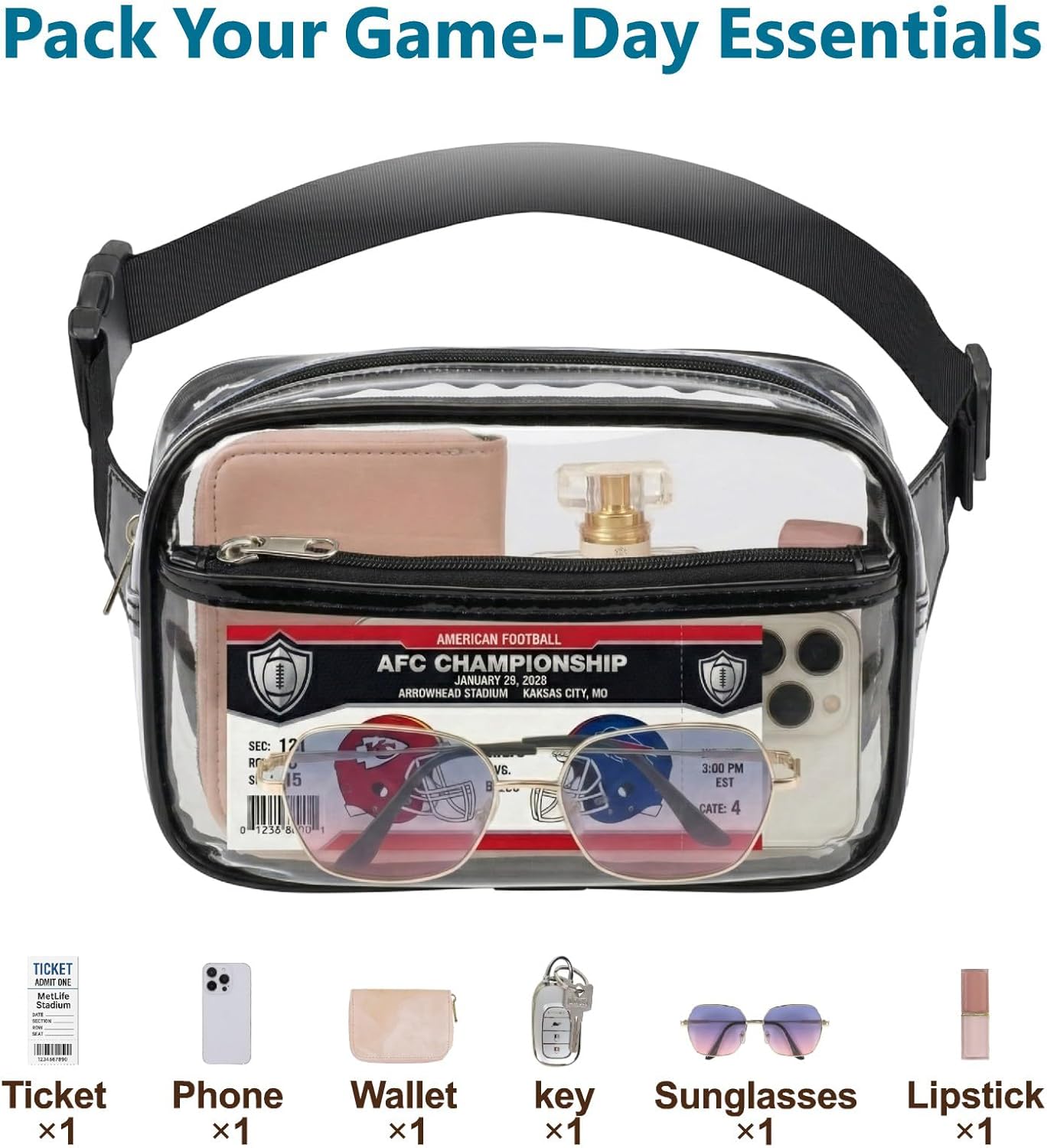 Veckle Clear Fanny Pack Stadium Approved - Plus Size 35-51 Inch Adjustable Strap Transparent Belt Bag for Women Men Fits 7.5" Smartphone, Crossbody Clear Bag for Stadium Events Sports Concerts, Black - Image 3