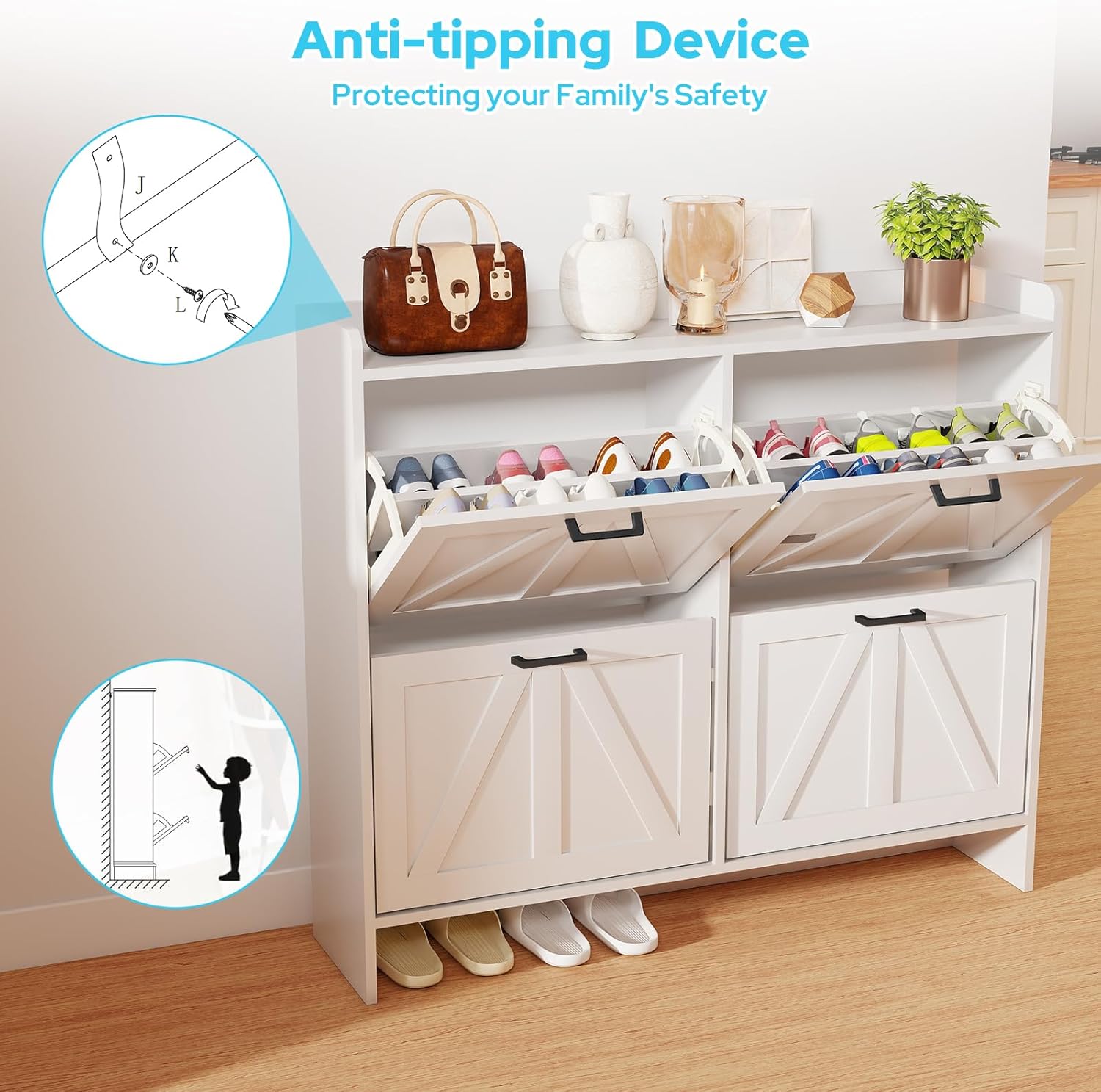 White Shoe Cabinet with 4 Flip Drawers, Freestanding Shoe Storage Cabinet with Adjustable Shelf for Entryway Hallway