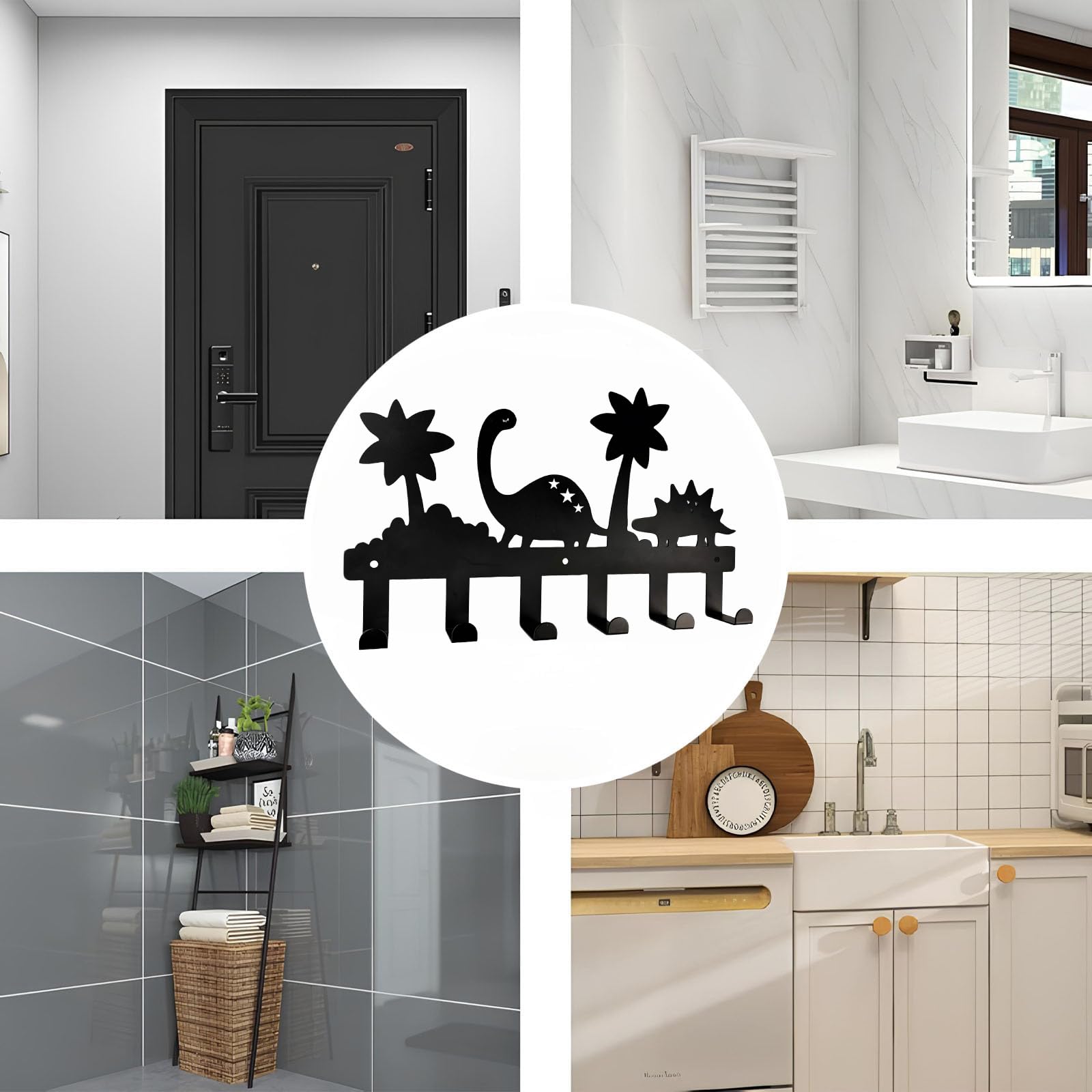 Dino-Kinder-Garderobenhaken | Porte-manteau mural pour enfants avec 6 crochets | Porte-vêtements et porte-clés universel pour chambre d'enfant | Acier inoxydable (40 cm, Noir) | Entrée & garde-robe